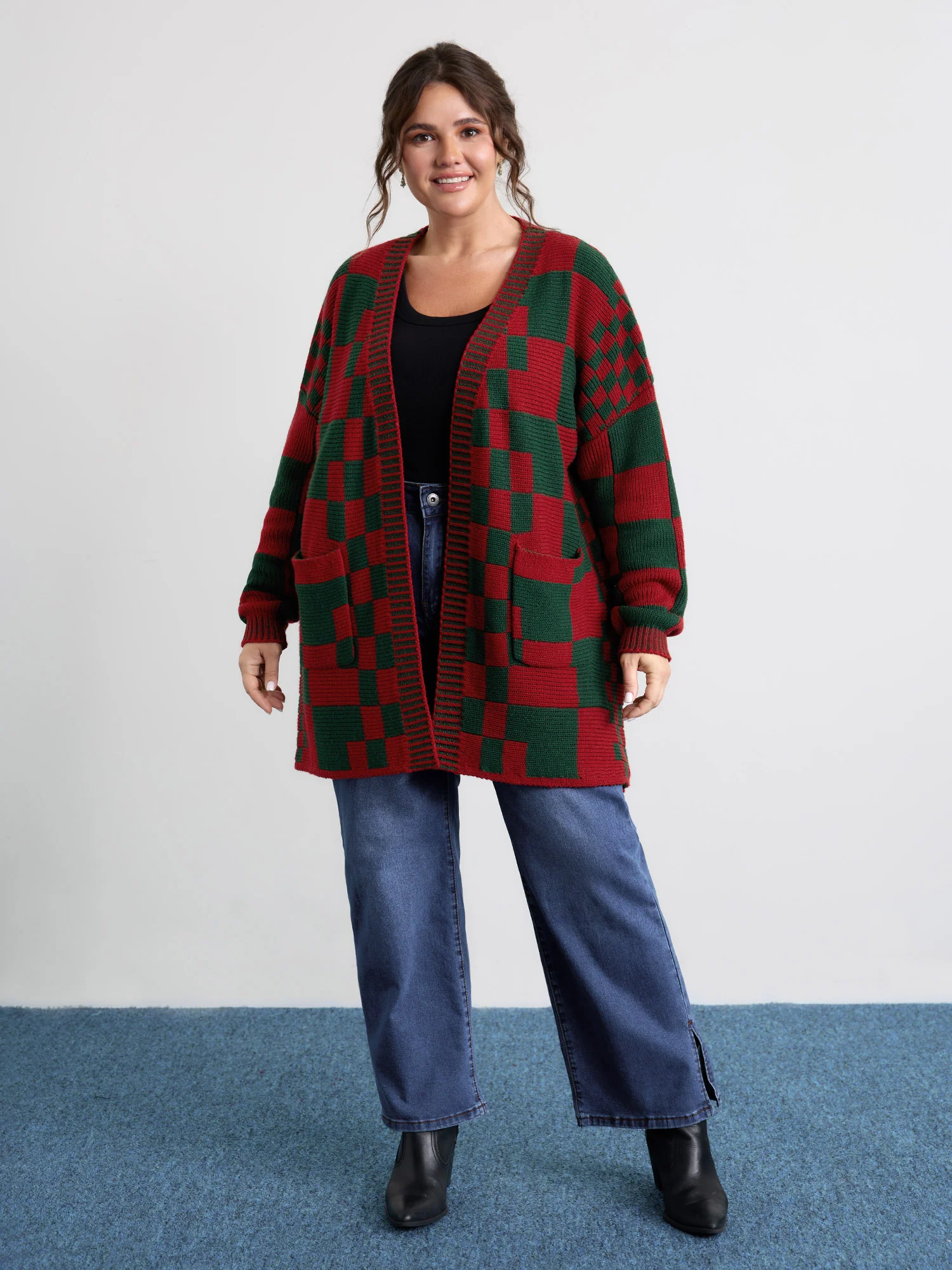 Holiday Checkered Open-Front Knit Cardigan