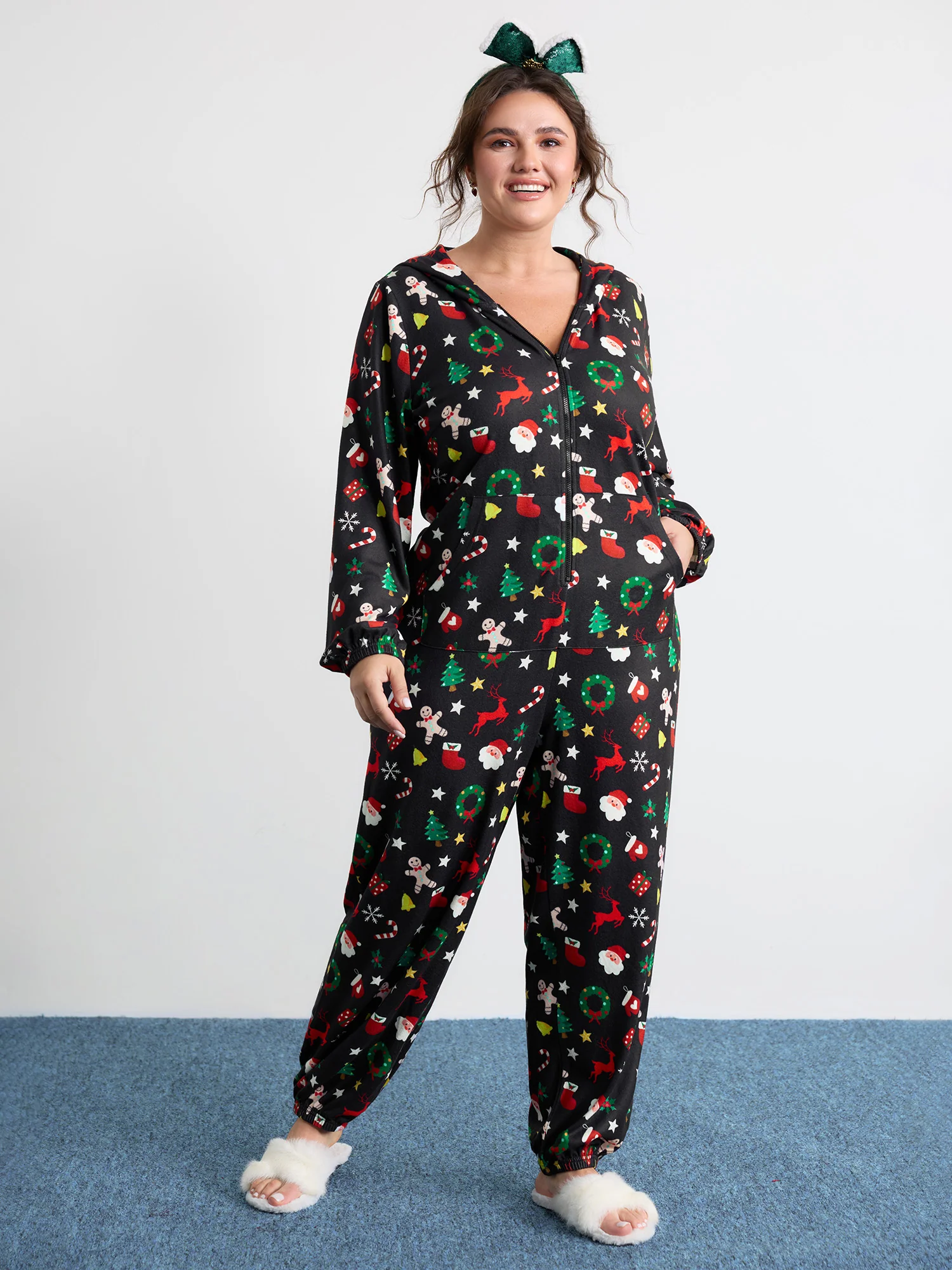Holiday Spirit Pockets Hooded Pajama Onesie