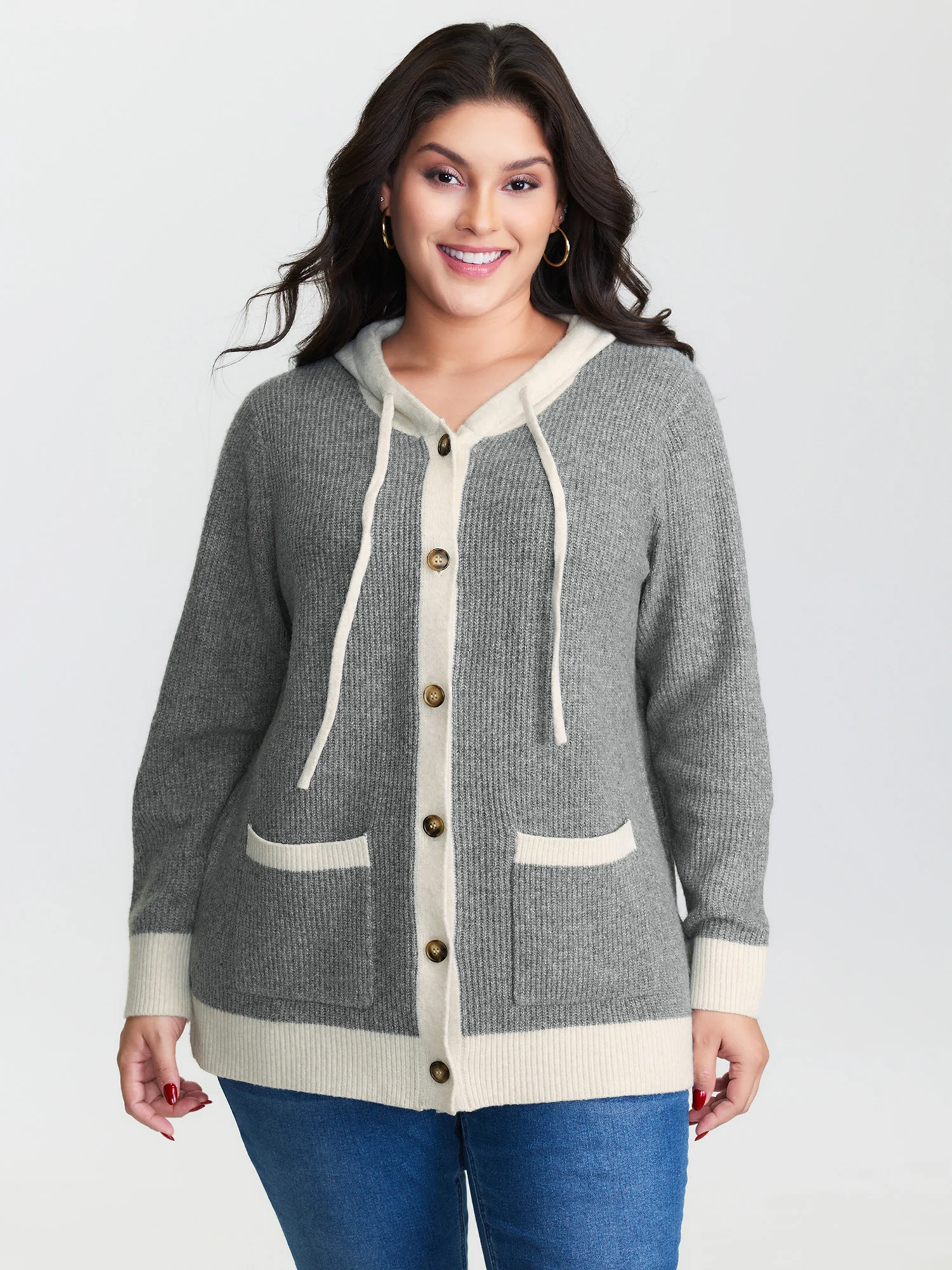 Hooded Colorblock Pockets Button Knit Cardigan