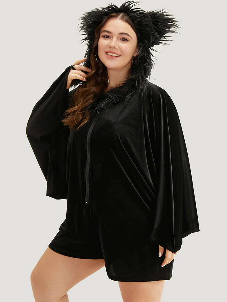 Spooky Hooded Zipper Dolman Sleeve Lounge Jumpsuit