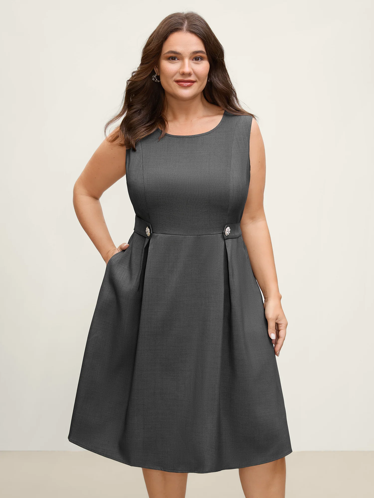 Inner Pleats Waist-Defining Buckle Mini Dress