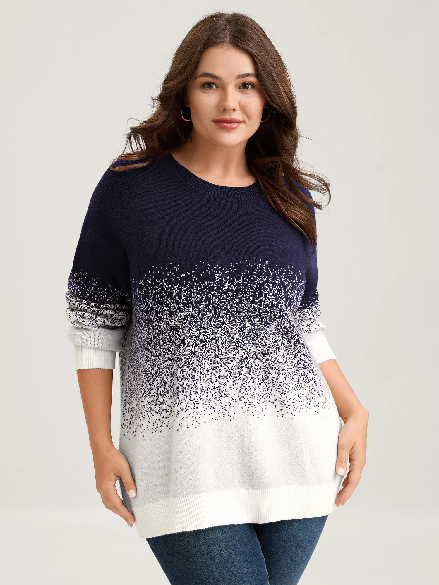 Jacquard Color Blend Ribbed Hem Pullover - Image 13