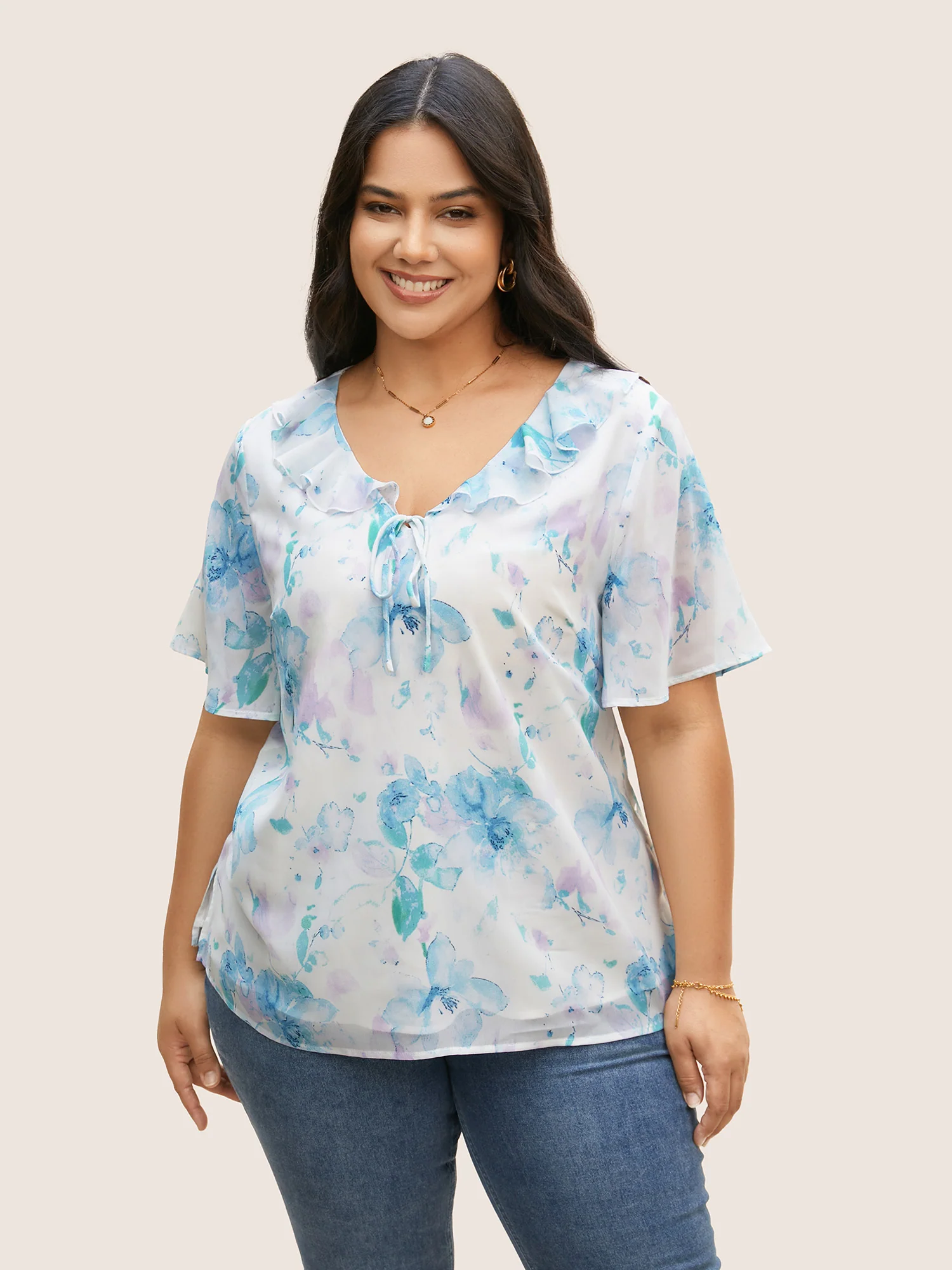 Lace Collar Floral Ruffle Trim Blouse