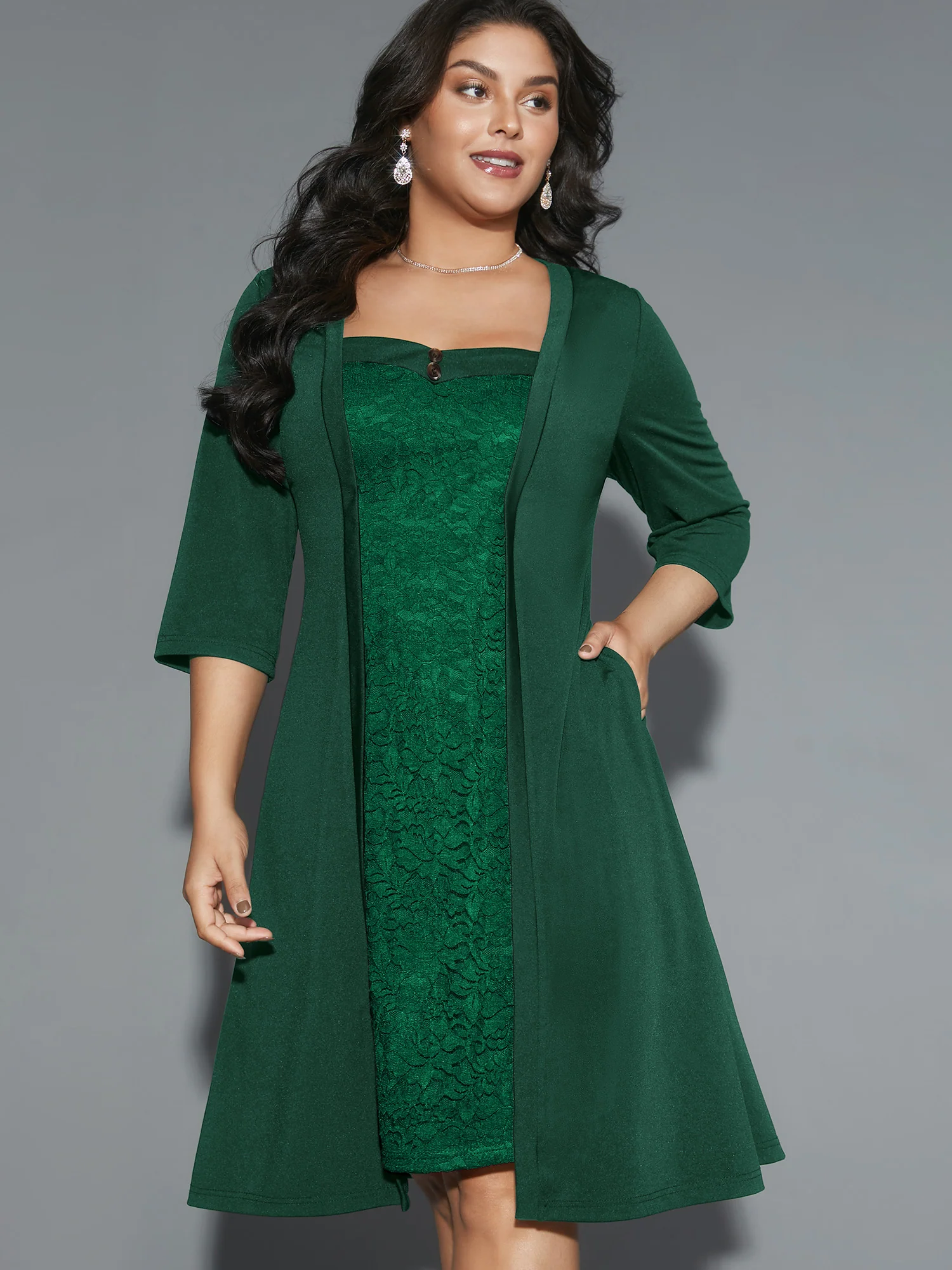 Lace Heart Neckline Pocket Midi Dress