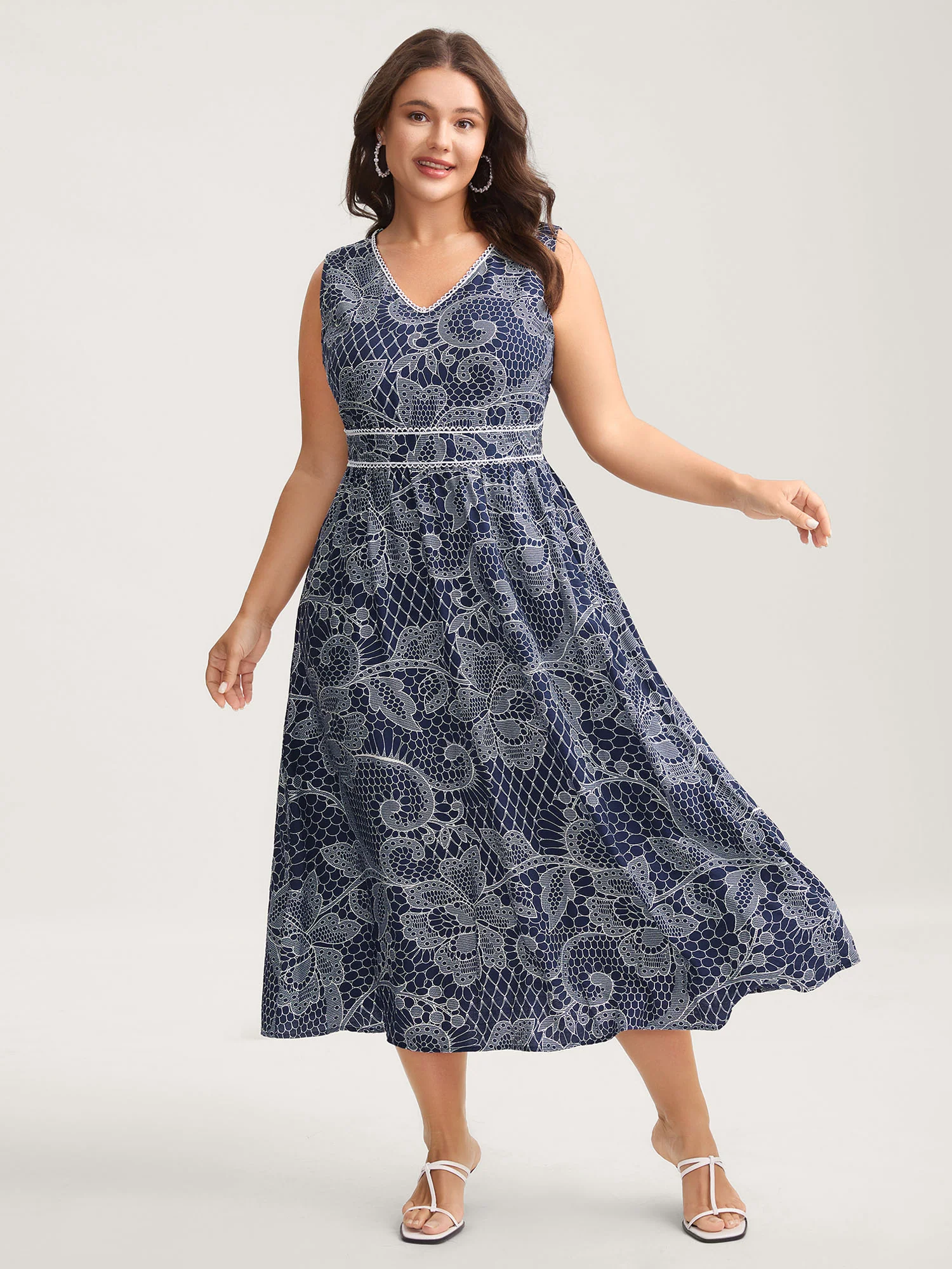 Lace-Like Print Cinched-Waist Midi Dress