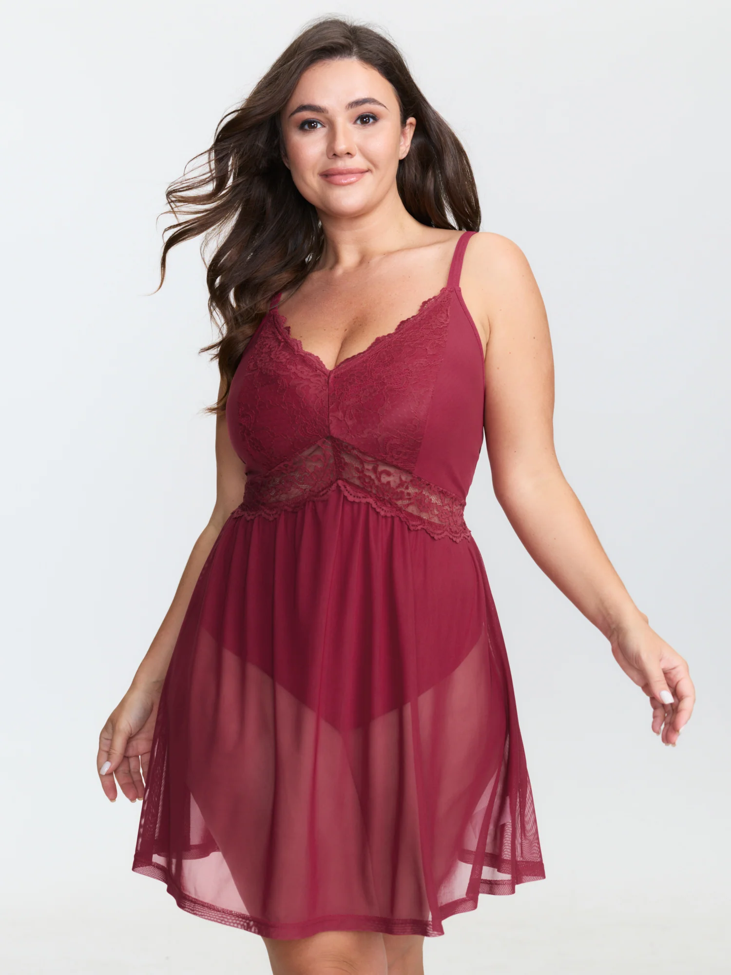 Lace Deep V-Neckline Sheer Nightgown