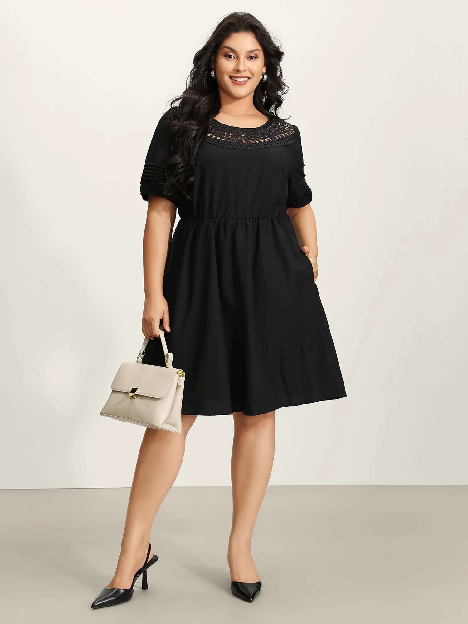 Lace Puffy Sleeve Knee-Length Dress