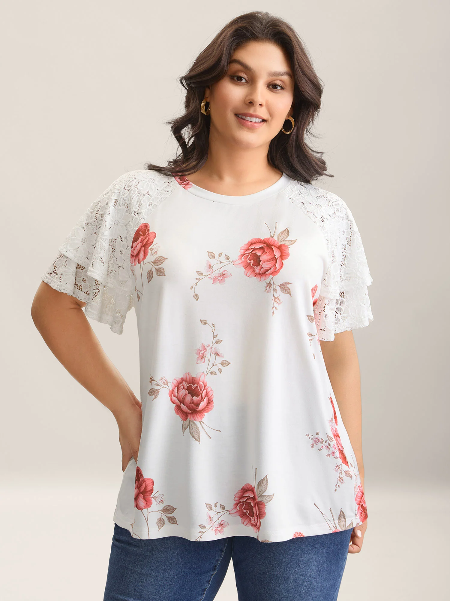 Lace Sleeve Layered Floral T-Shirt