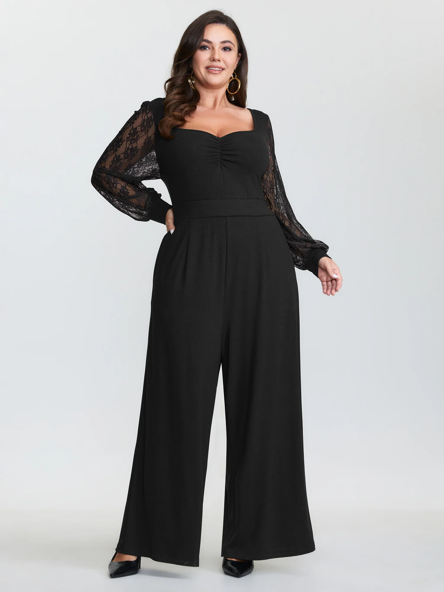 Lace Sleeve Sweetheart Neckline Jumpsuit