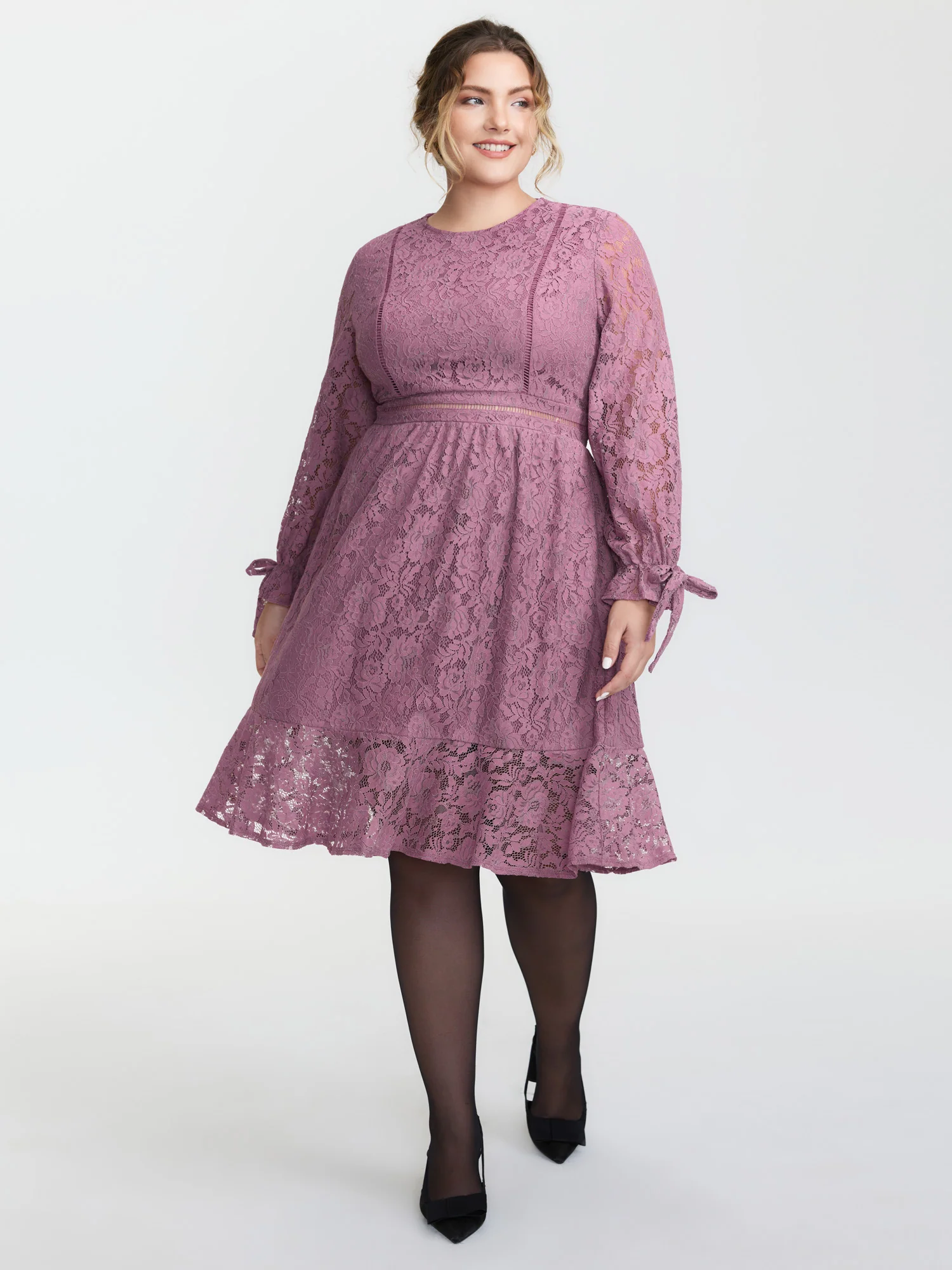 Lace Stretchy Waist Pockets Midi Dress