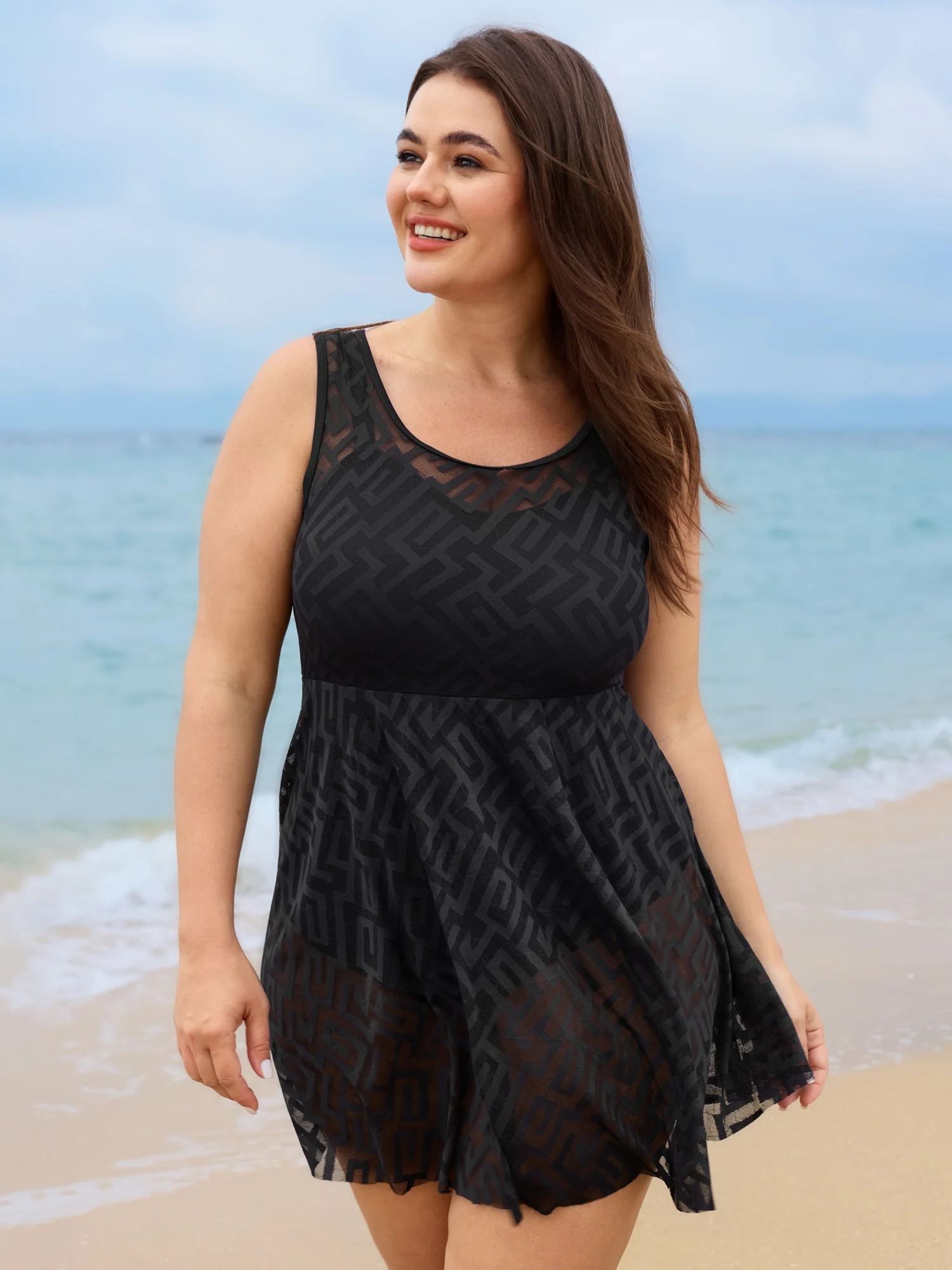 Lace Textured Mesh Swim Dress