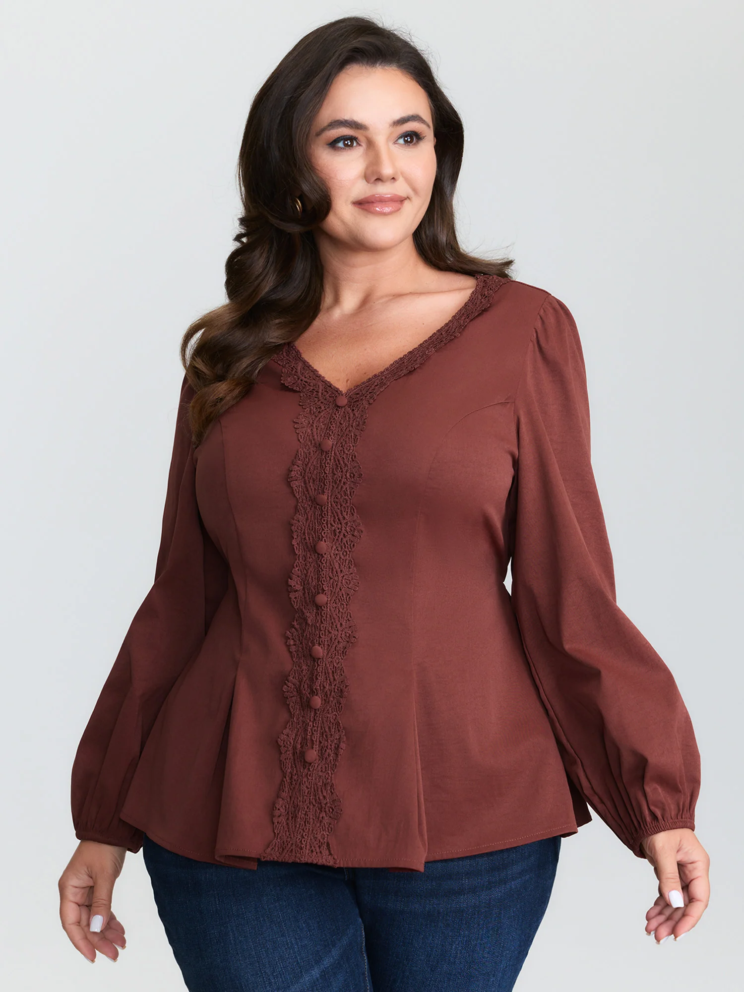 Lace Trim Cinched-Flared Blouse
