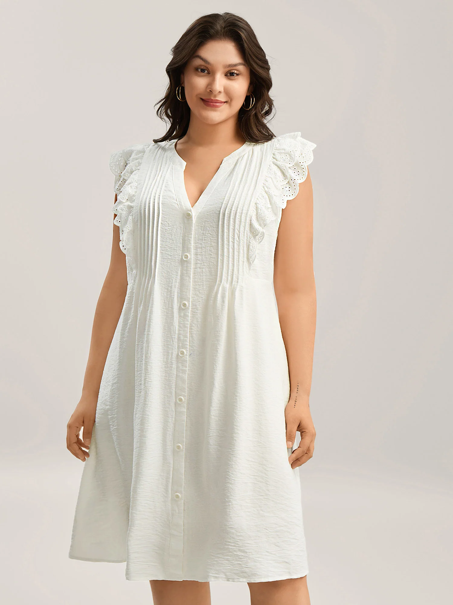 Lace Trim Pleated Button Shirt Dress