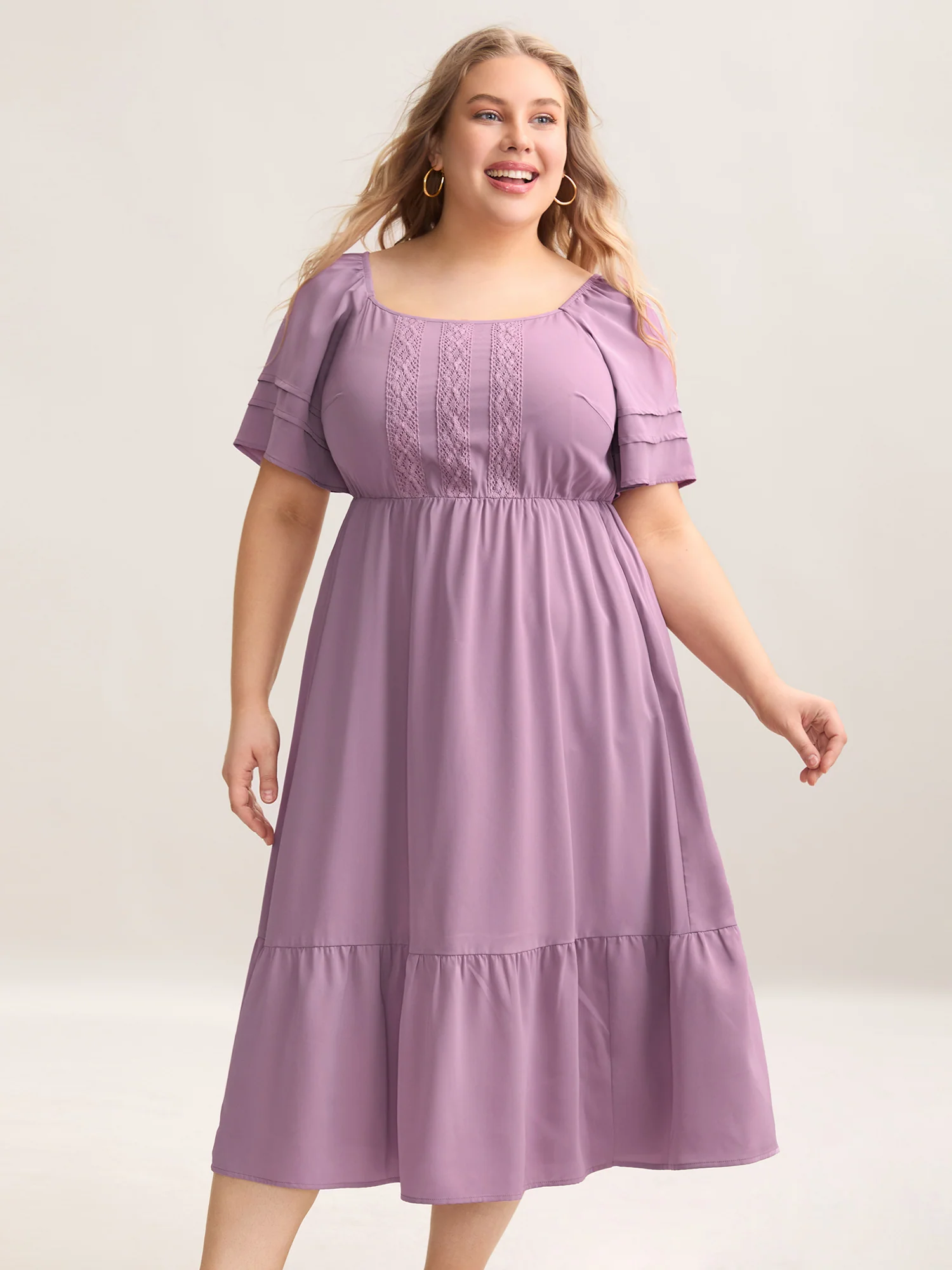 Lace Trim Pockets Stretchy Waist Tiered Dress