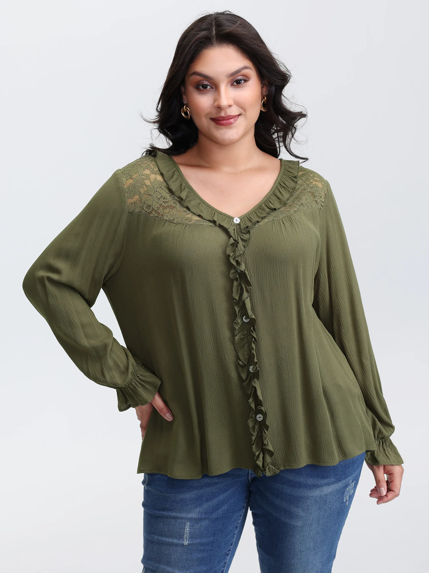 Lace Trim Ruffled Edge Button Blouse