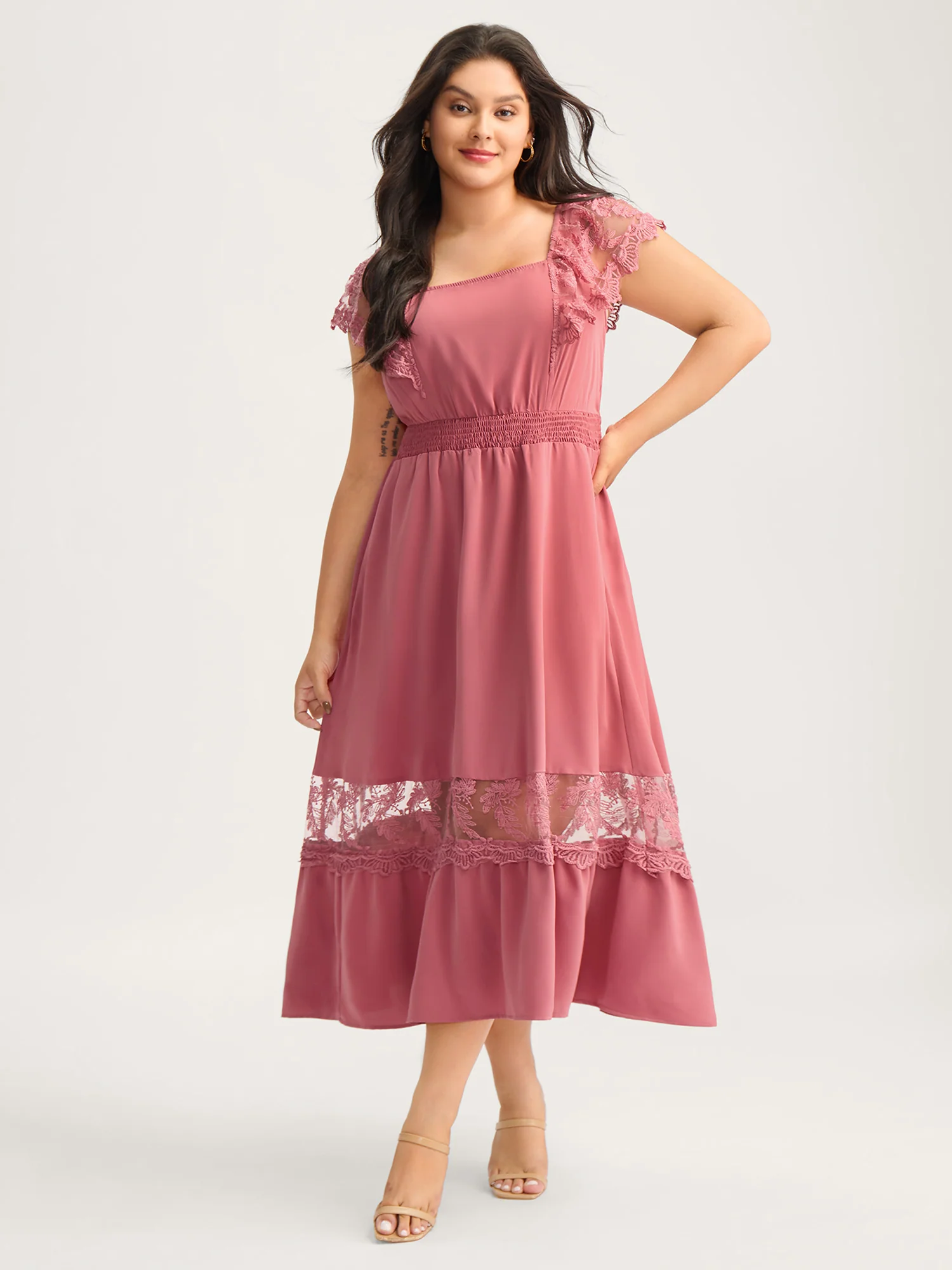 Lace Trim Shirred Waist Midi Dress