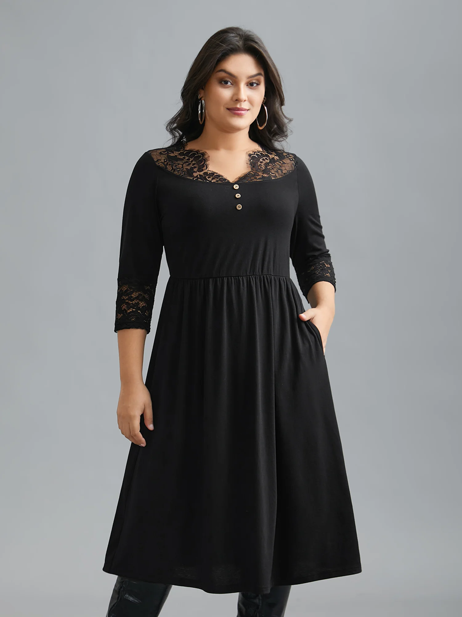 Lace Trim Stitch Button Detail Dress