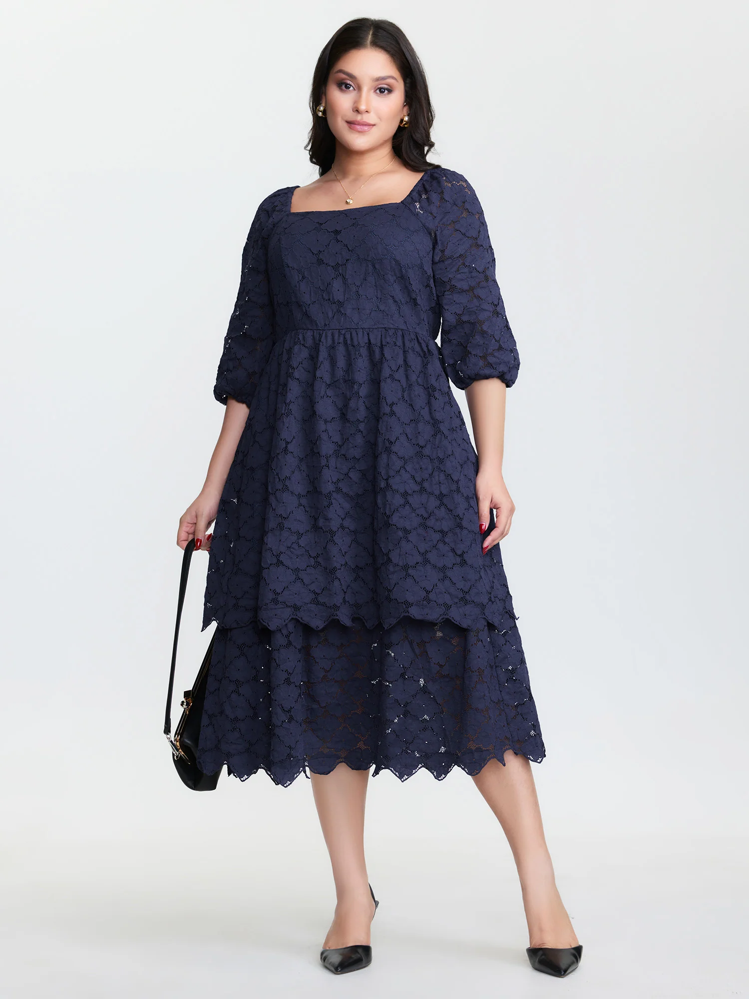 Lace Trim Stretchy Waist Tiered Midi Dress