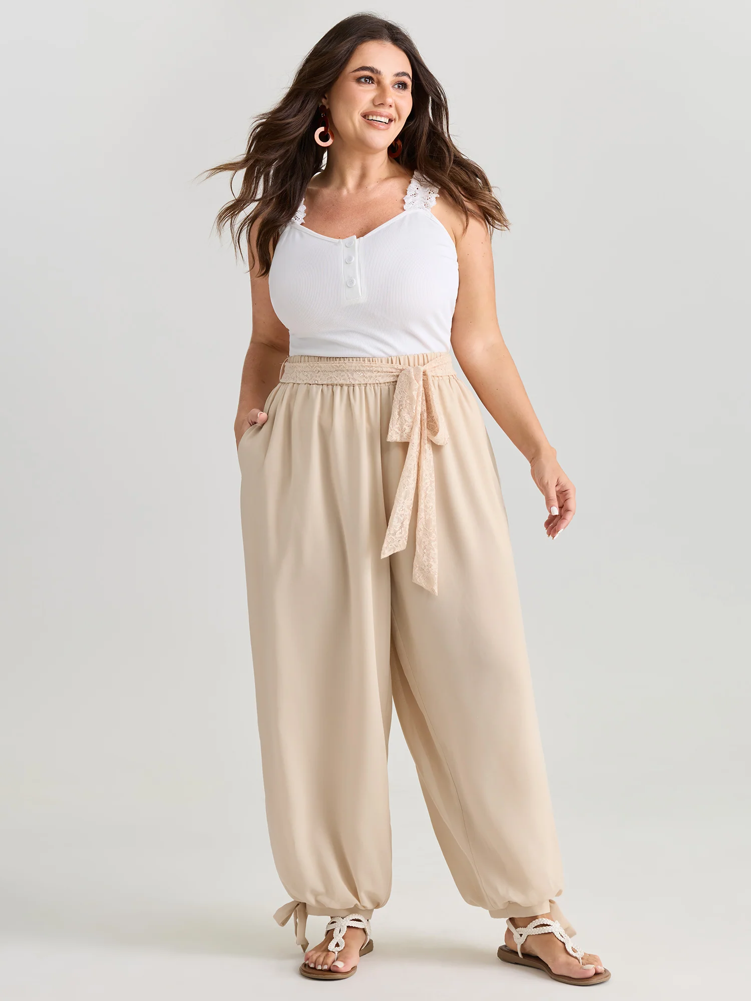 Lace Waist-Tie Cuffed Hem Pants