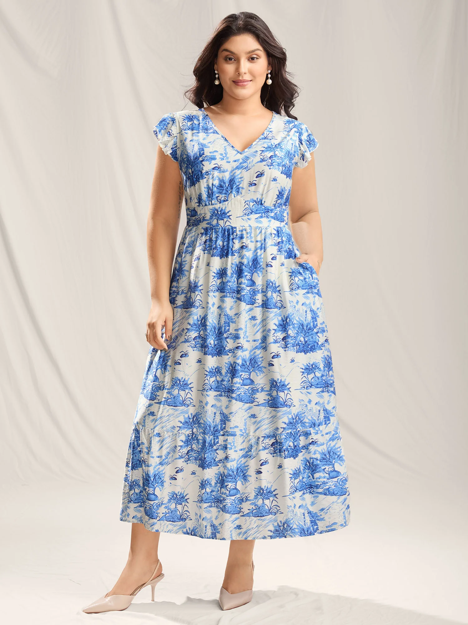 Landscape Floral Print Cinched-Waist Maxi Dress