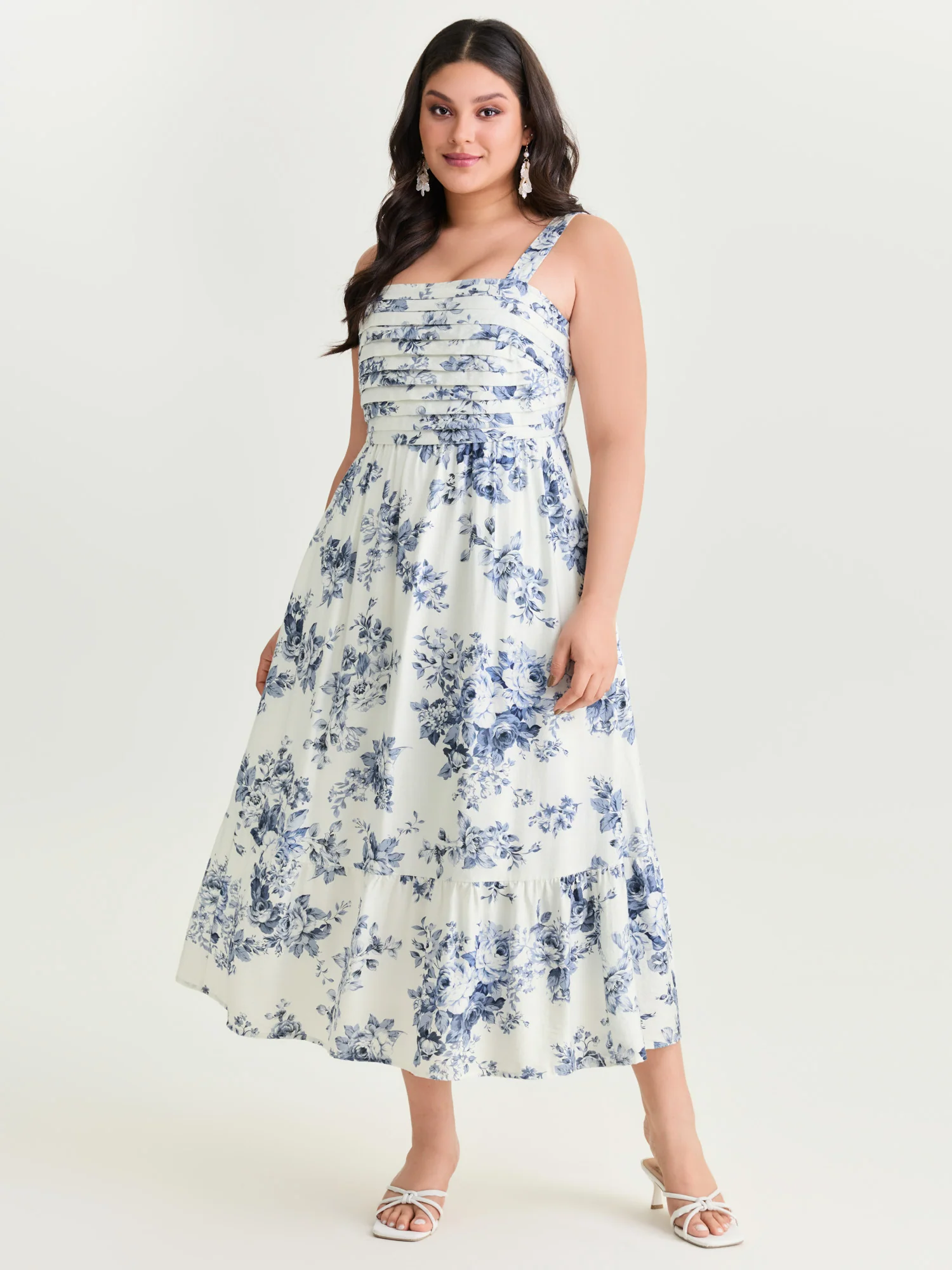 Large Floral Print Pleated Bodice Midi Dress