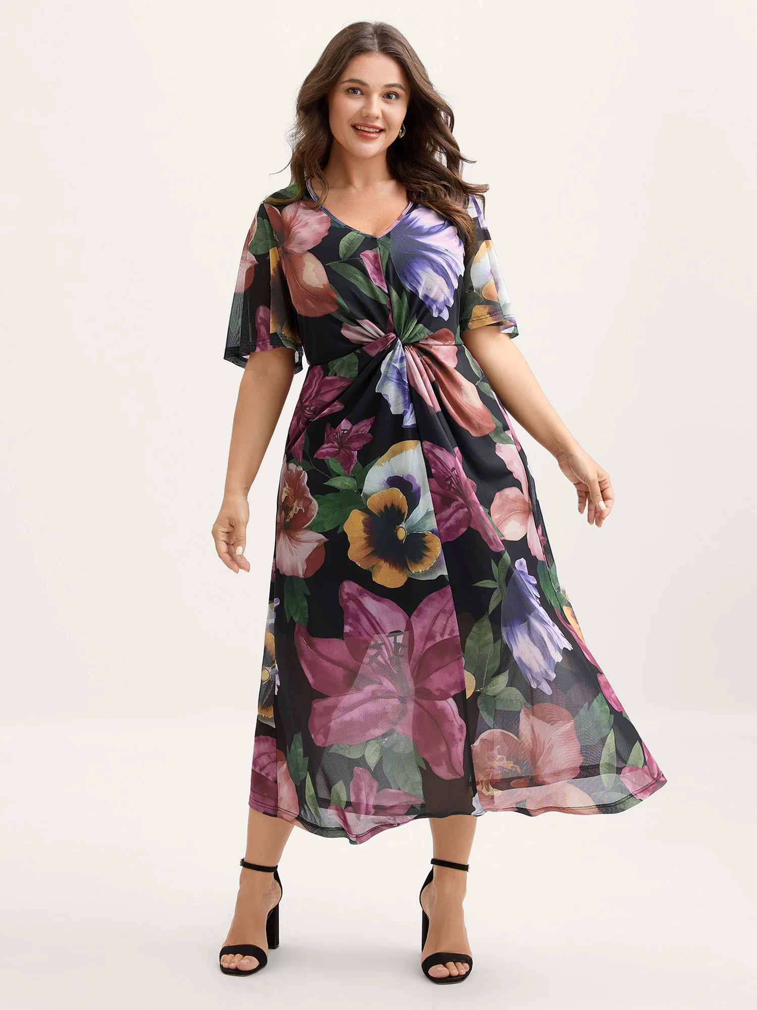 Large Floral Print Twist Front Midi Dress