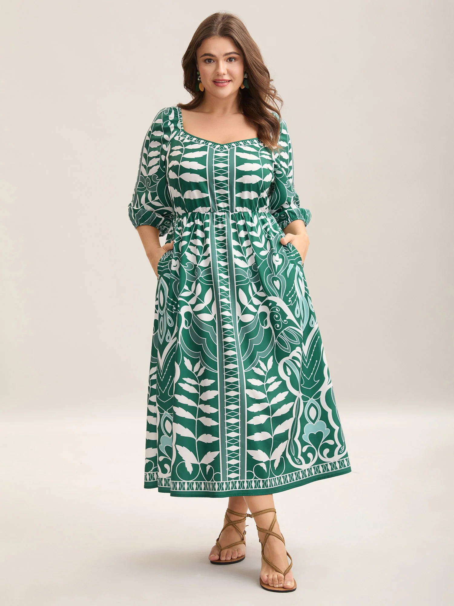 Leafy Print Puff Sleeve Pockets Midi Dress