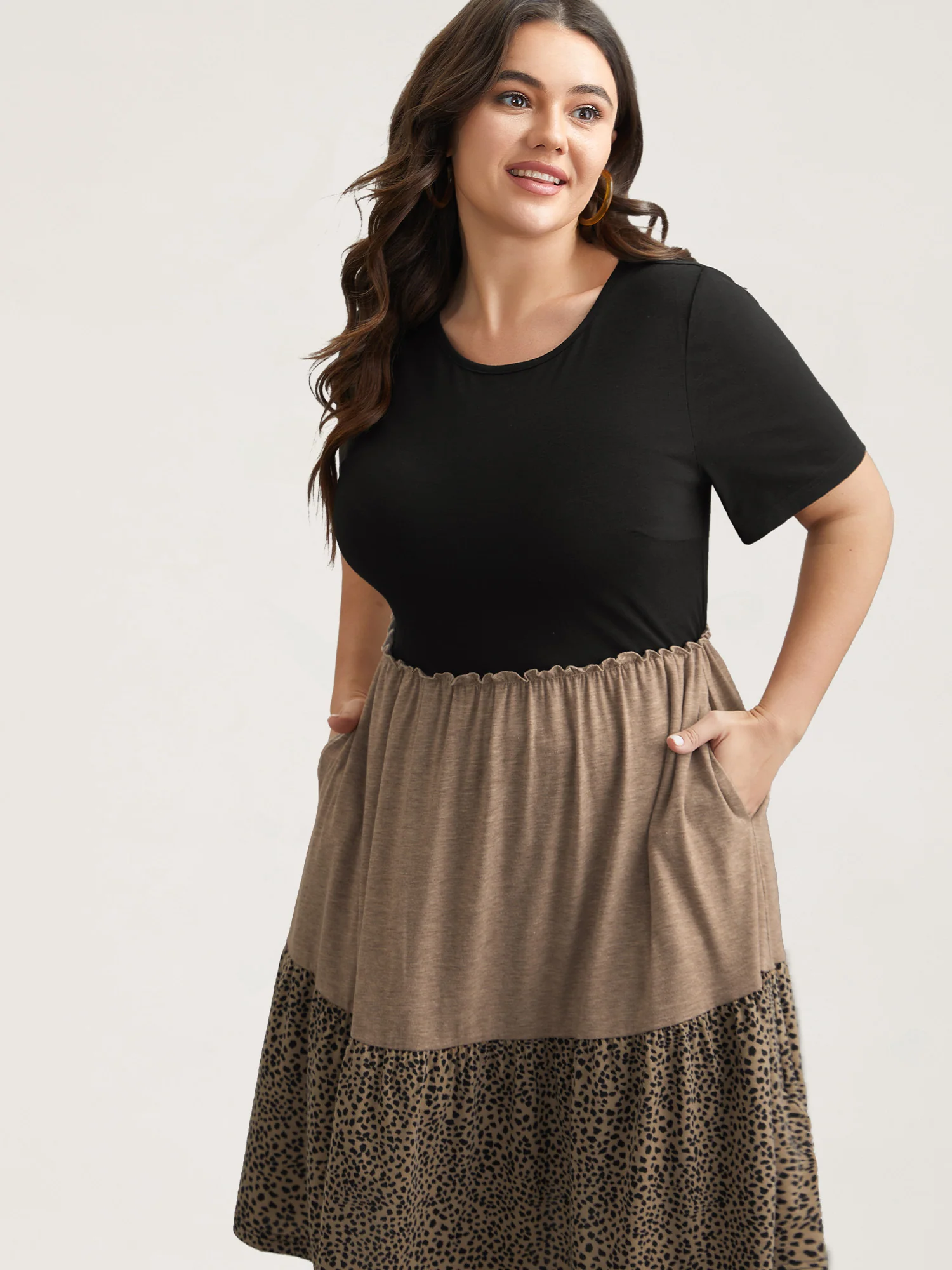 Leopard Print Color-Block Pockets Mini Dress