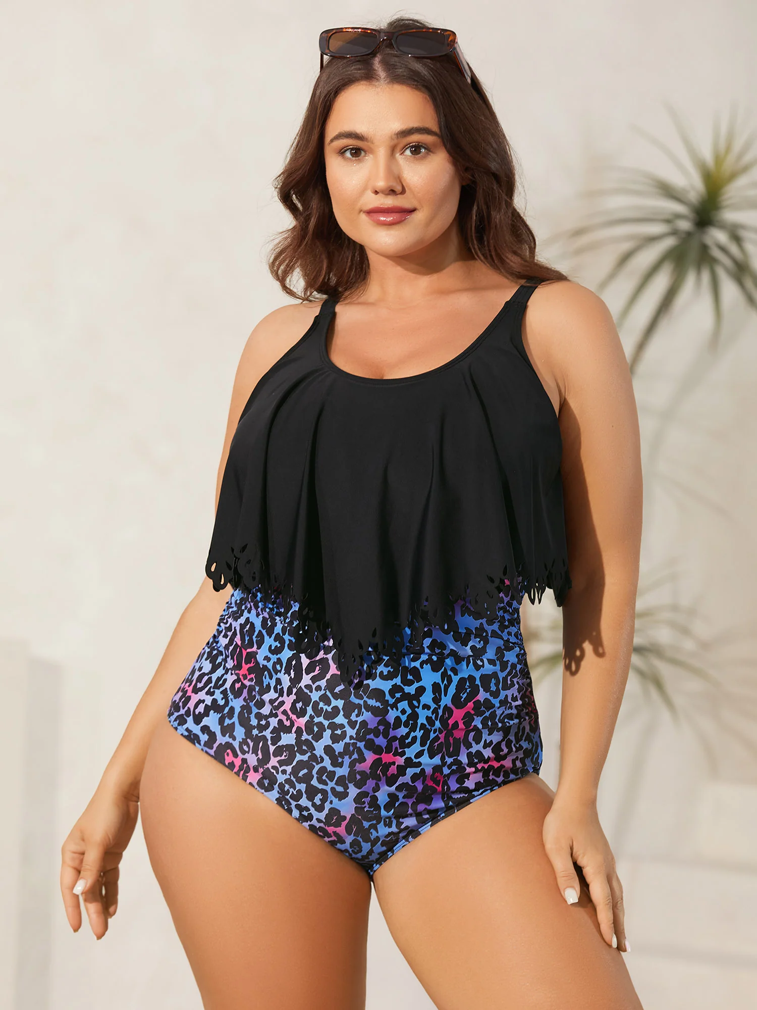 Leopard Print Laser Cut Pleated One-Piece Swimsuit