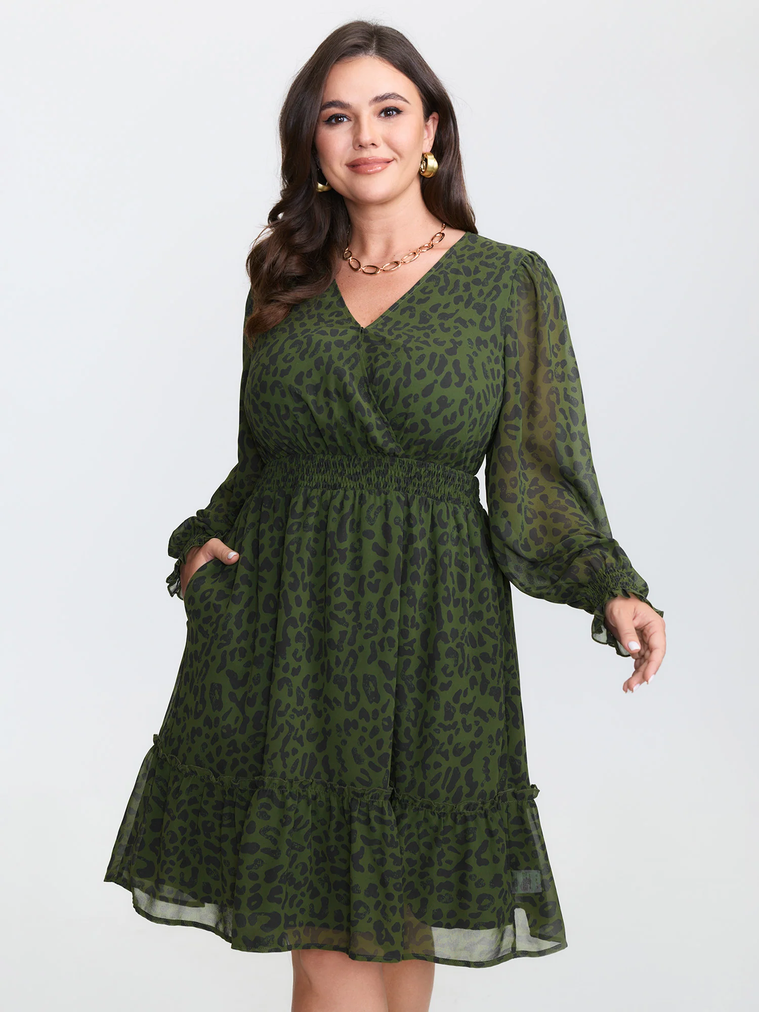 Leopard Print Shirred Waist Midi Dress