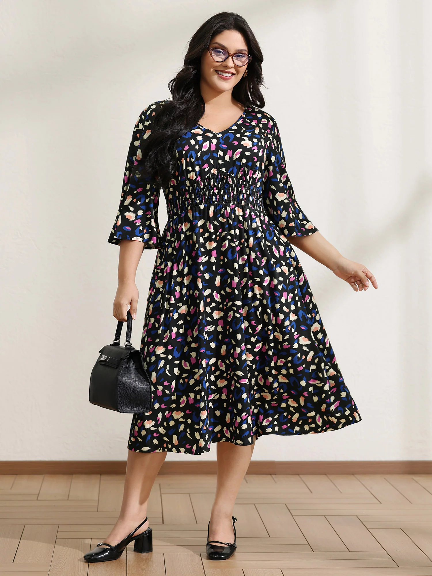 Leopard Print Shirred Waist V-Neck Midi Dress