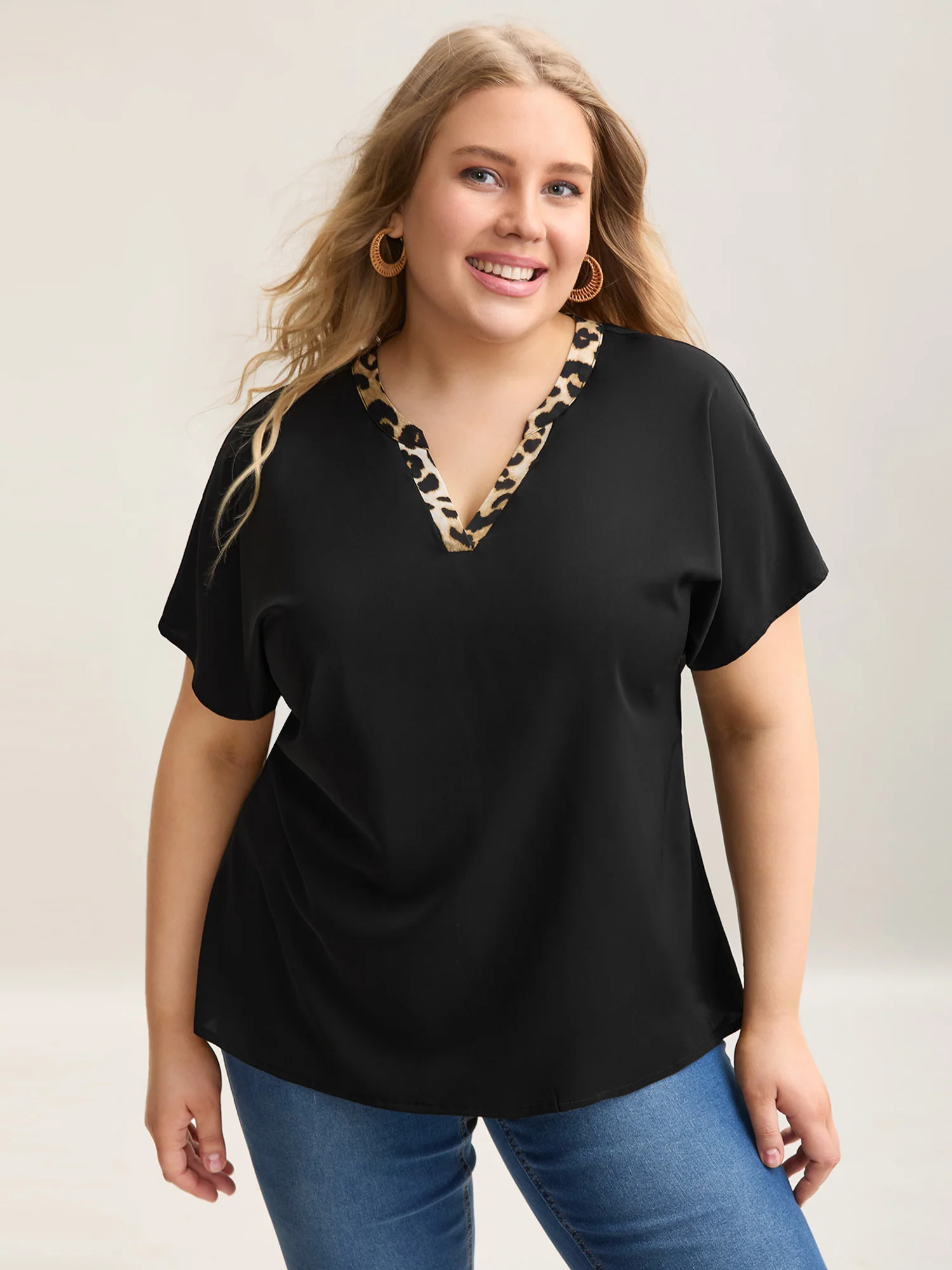 Leopard Print Spliced Plain Blouse
