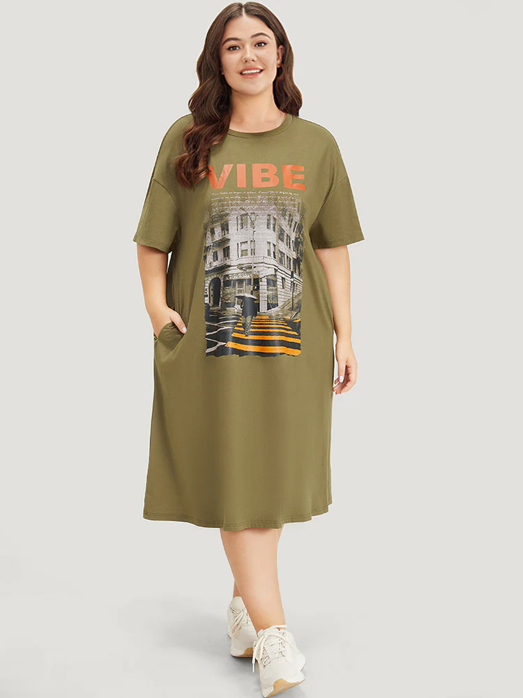 Letter & Graphic Print Pocket Crew Neck Dress