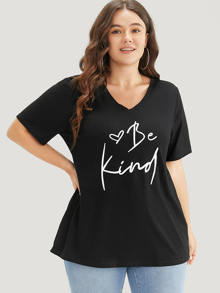 Letter & Heart Print V Neck T-shirt