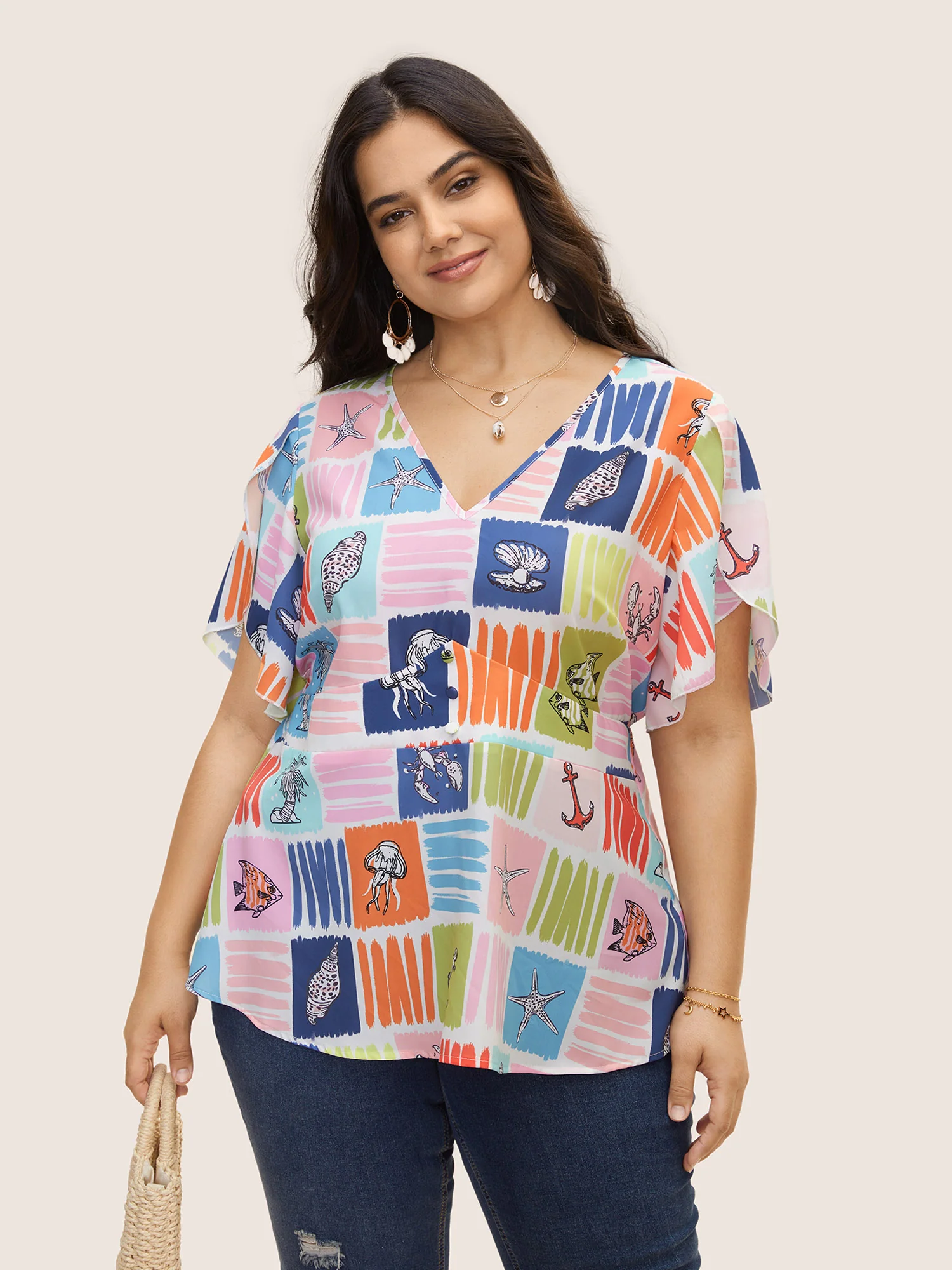 Marine Elements Contrast Petal Sleeve Blouse