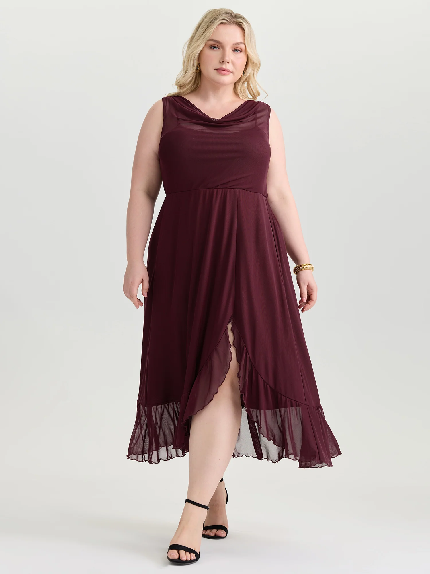 Mesh Cowl Neckline Flowy Midi Dress