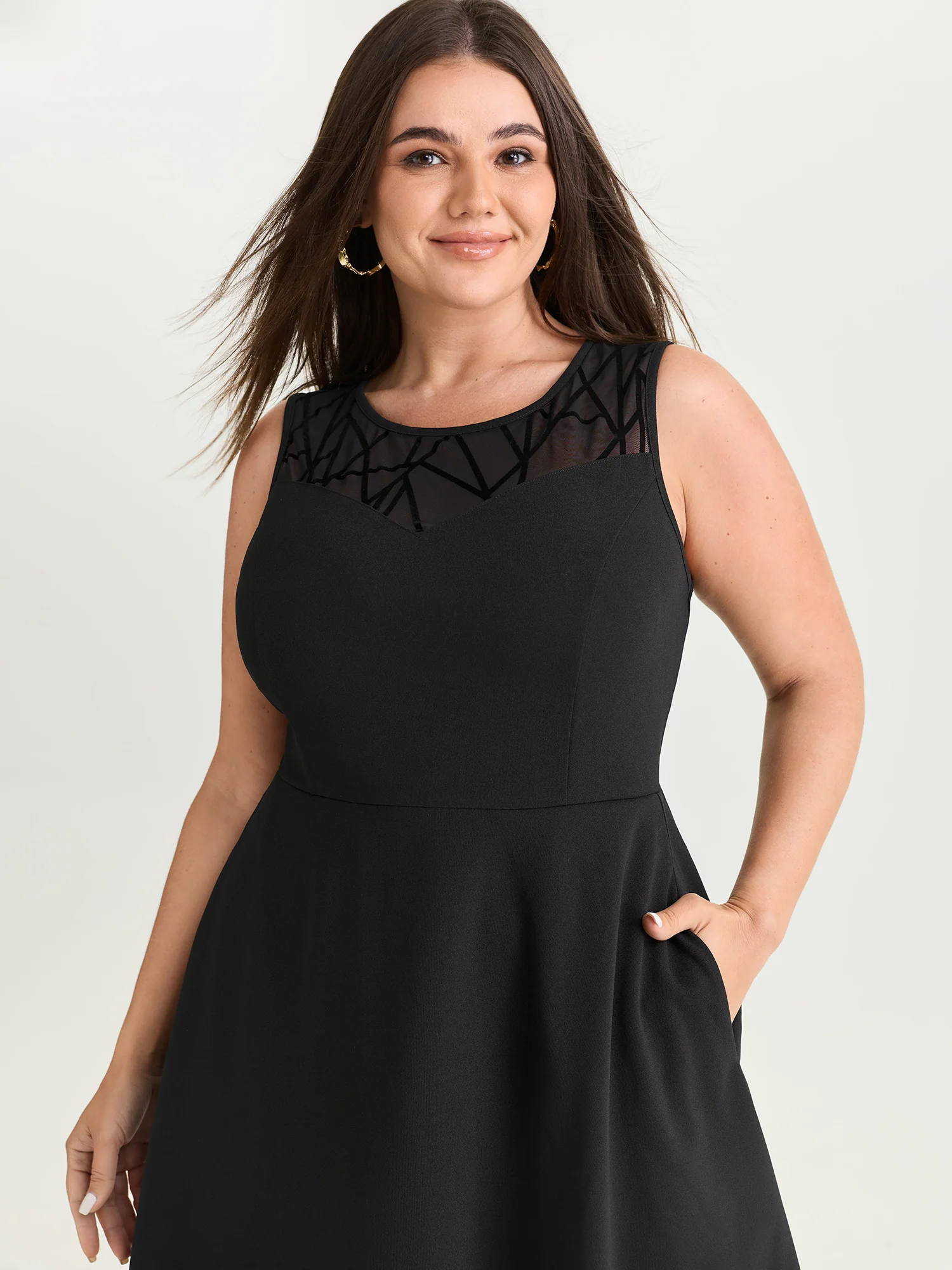 Mesh Neckline Sleeveless Fit And Flare Midi Dress