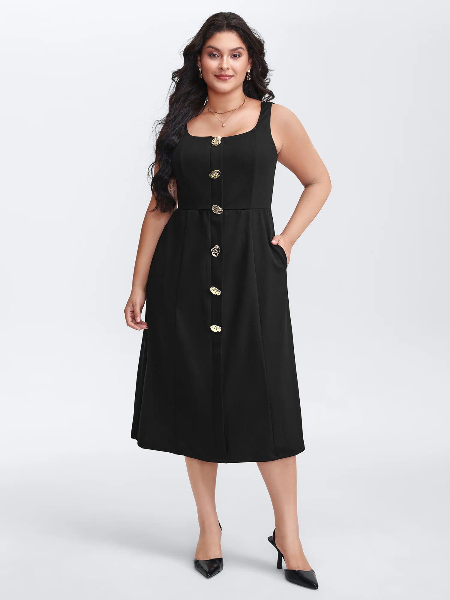 Metal Buttons Side Pockets Midi Dress