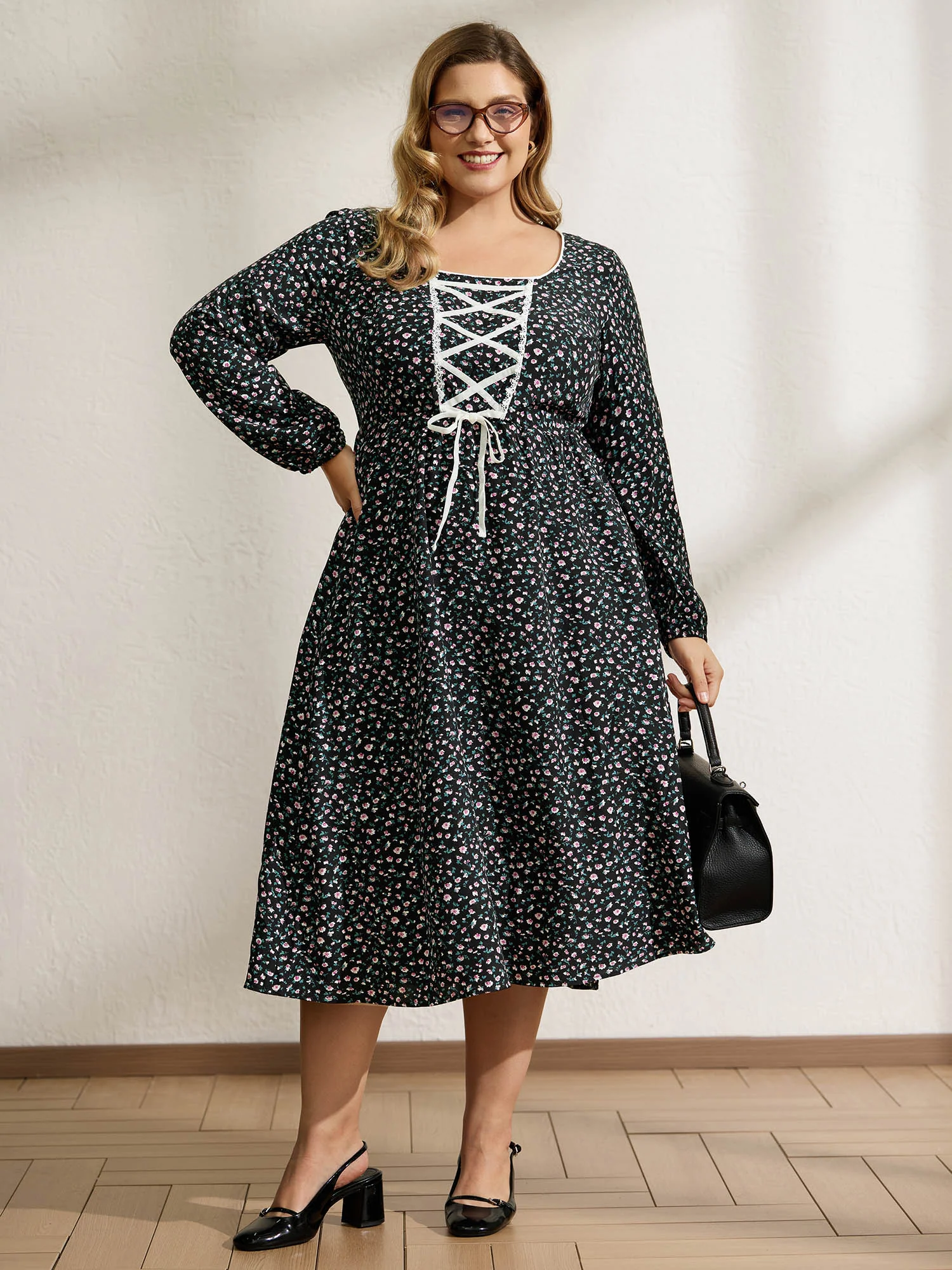 Micro Floral Print Adjustable Drawstring Maxi Dress