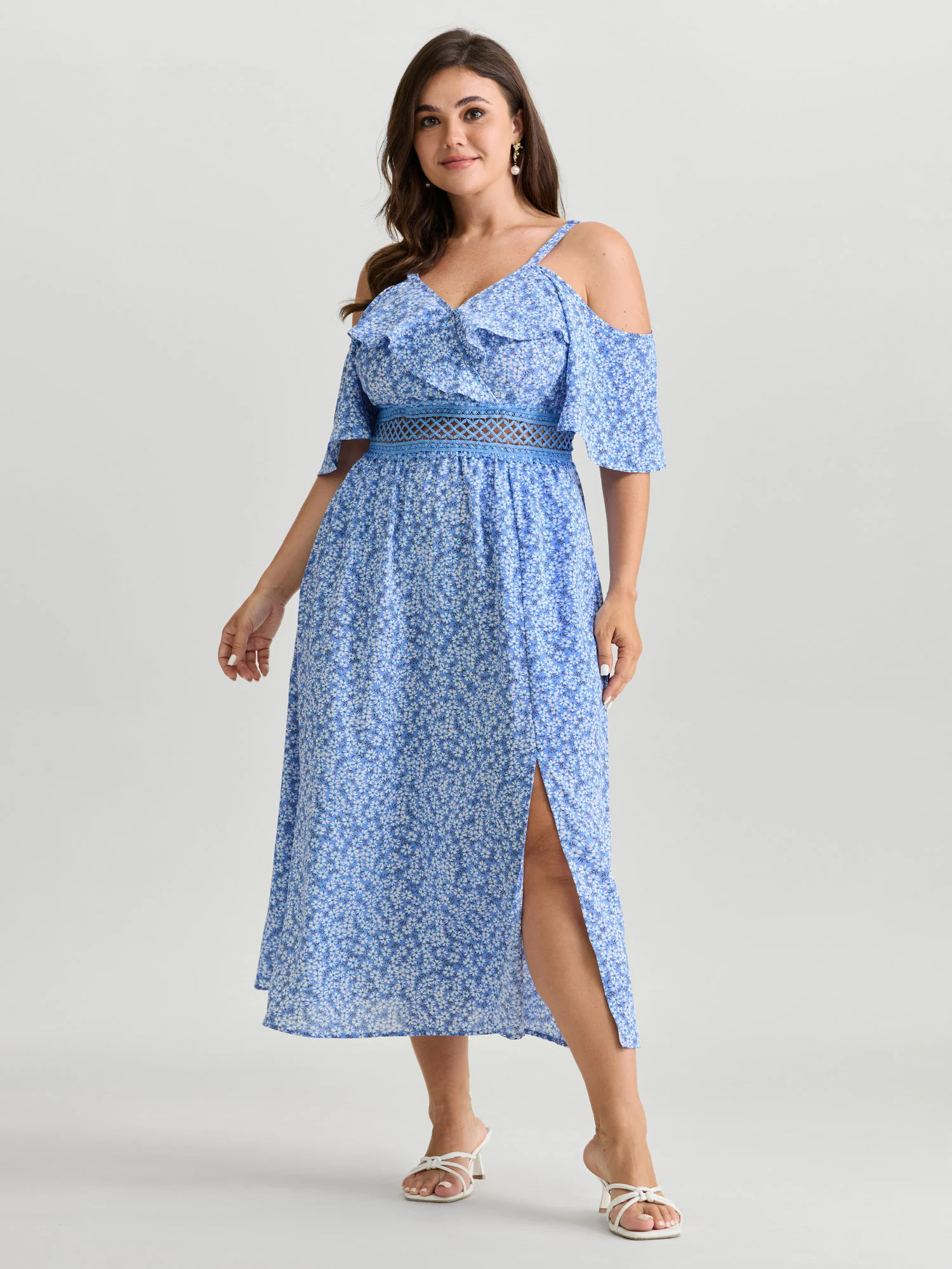 Micro Floral Print Lace Trim Sheer Waist Maxi Dress
