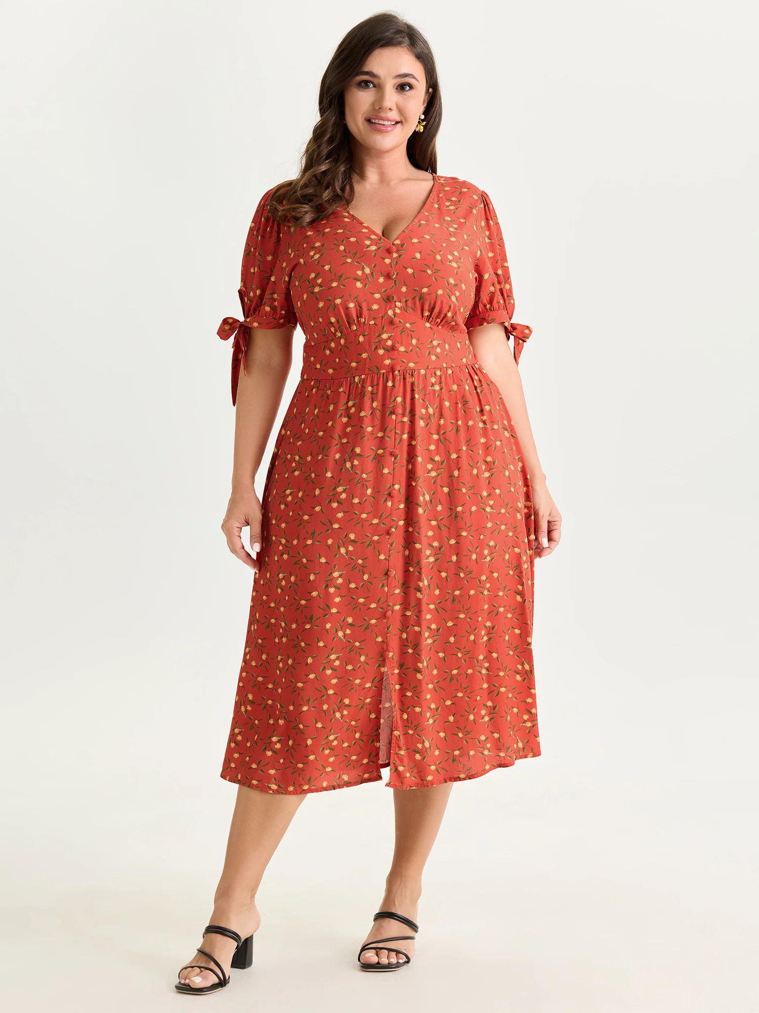 Micro Floral Print Sleeve Tie Midi Dress