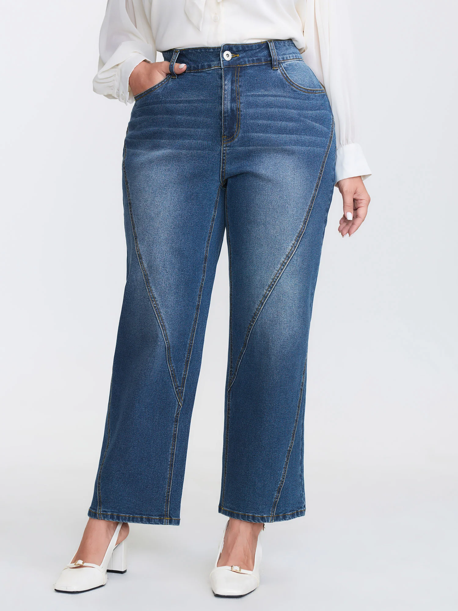 Cinched High-Waist Straight-Leg Jeans