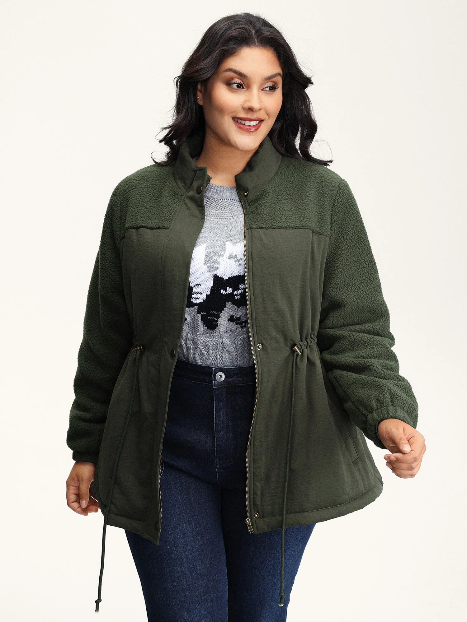 Mixed Fabric Waist Drawstring Quilted Jacket