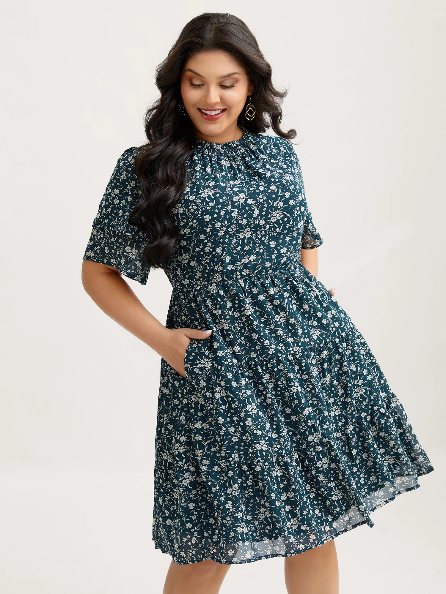 Monochromatic Floral Stretchy Waist Mini Dress