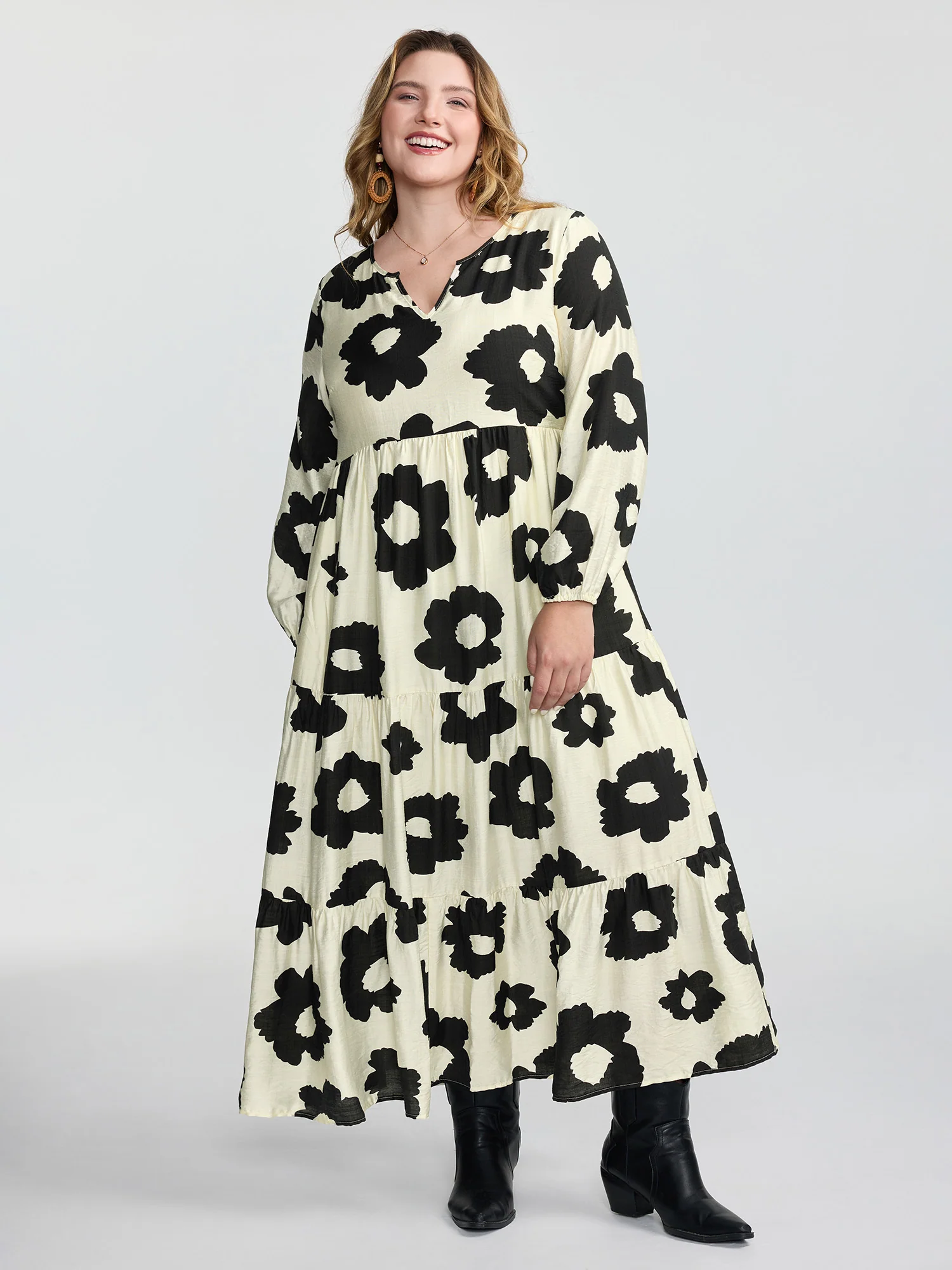 Monochrome Floral Print Tiered Maxi Dress