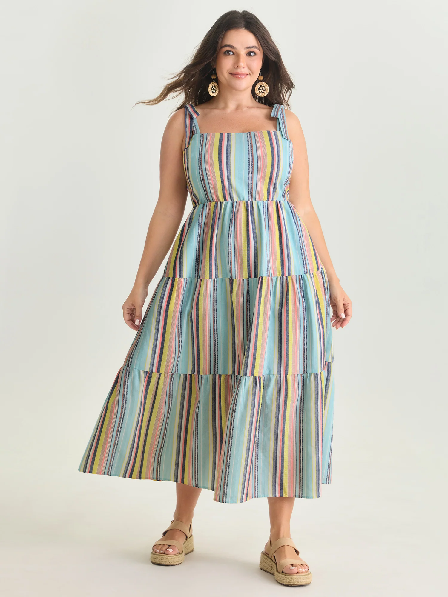 Multi-Color Striped Print Shoulder-Tie Midi Dress