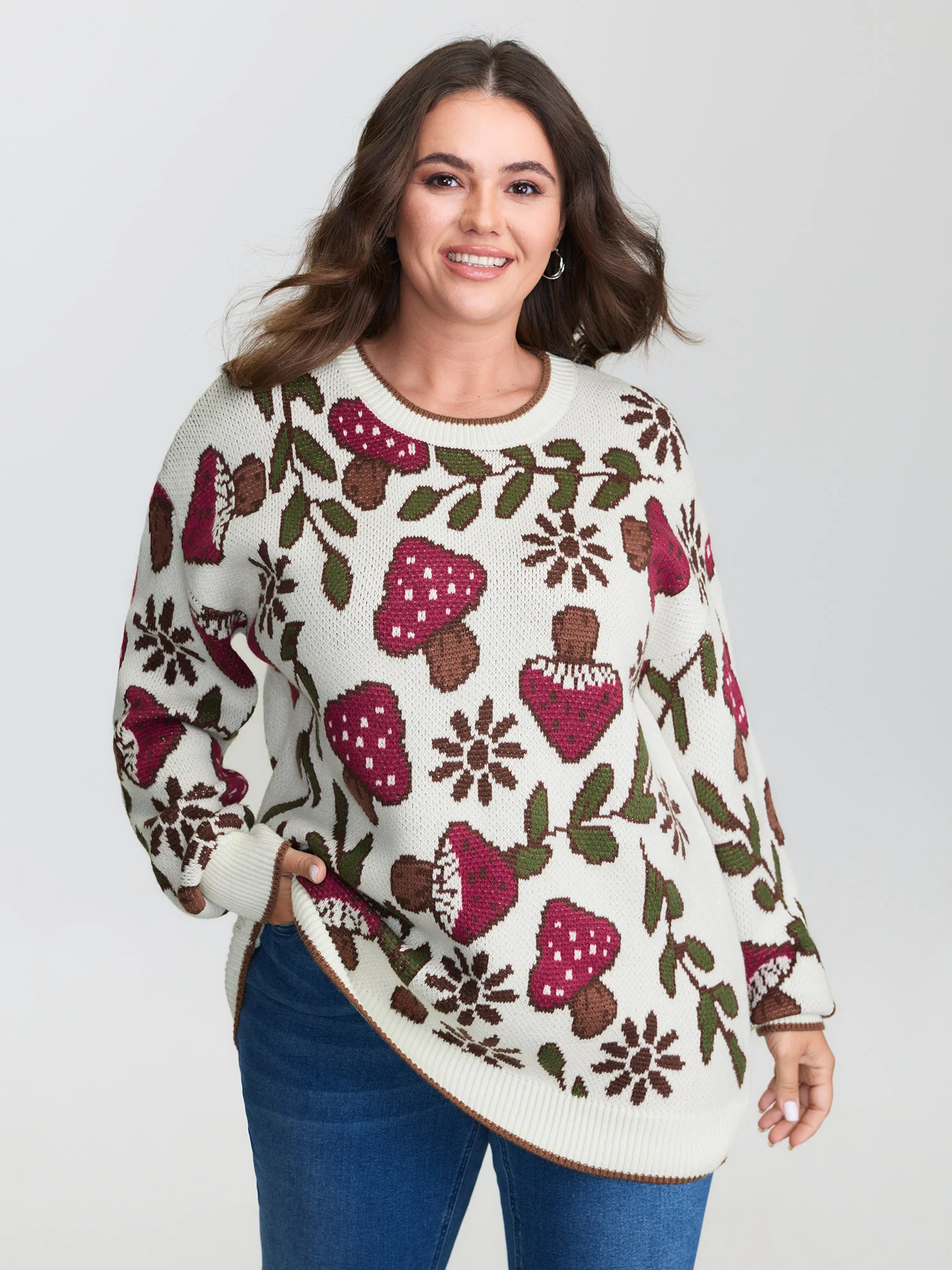 Mushroom Jacquard Color Contrast Pullover