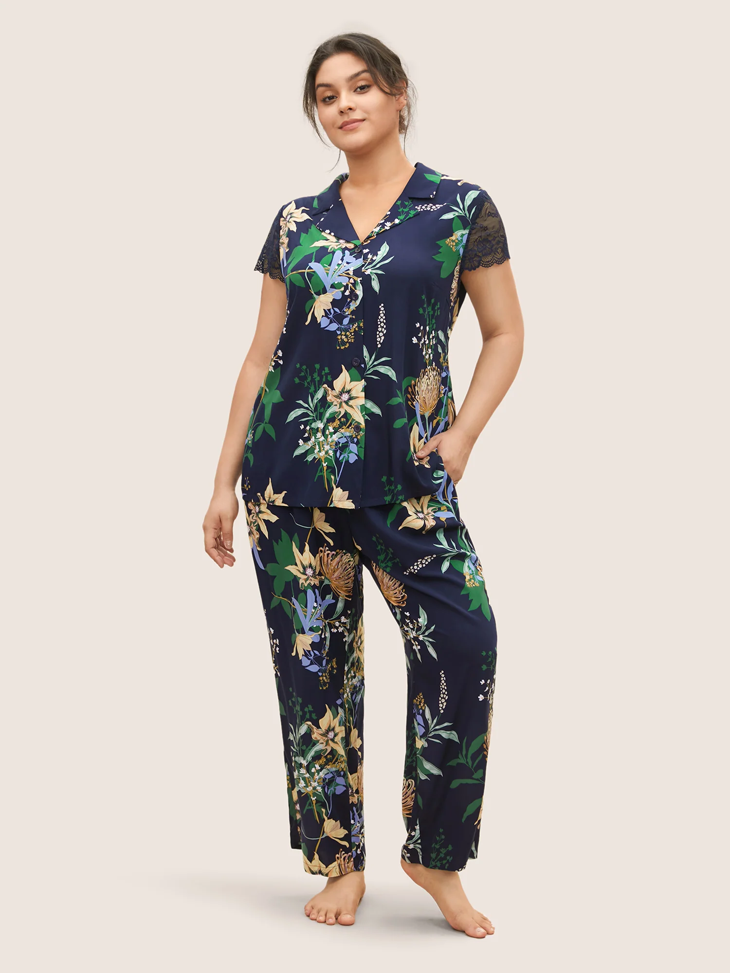 Floral Feeling Pockets Rib Knit Pajama Bottoms