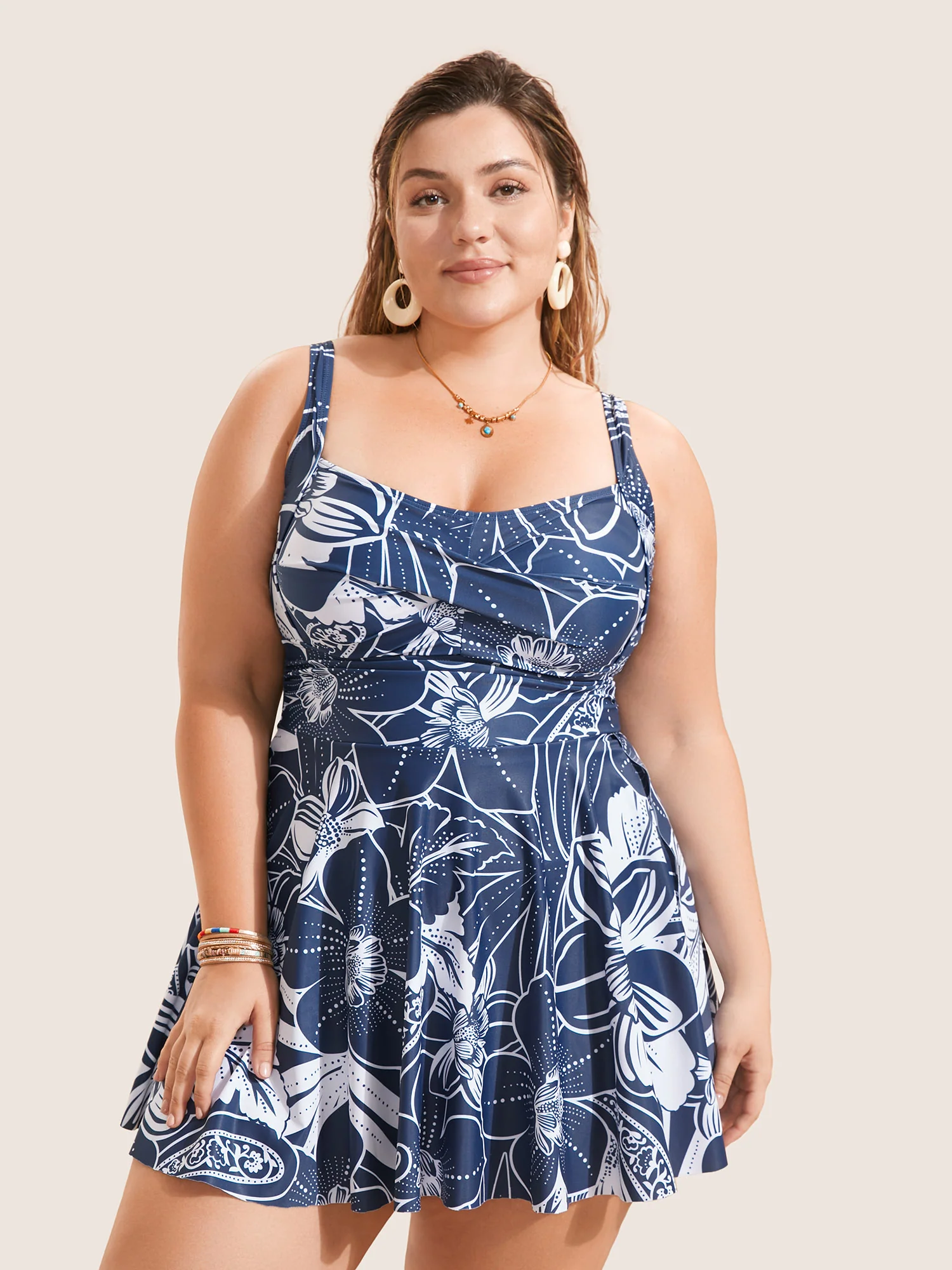 Natural Flowers Heart Neckline Twist Swim Dress