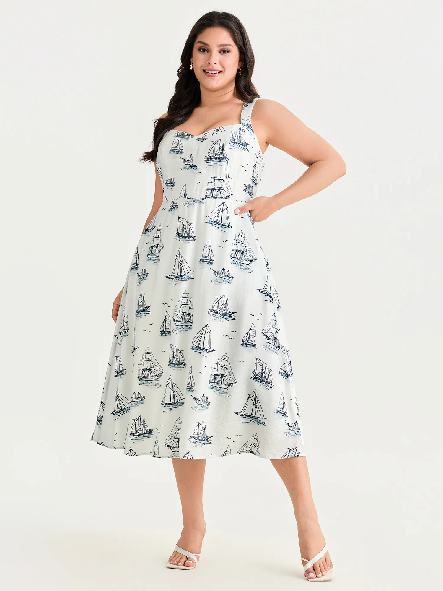 Nautical Sailboat Print Sweetheart Neck Midi Dress